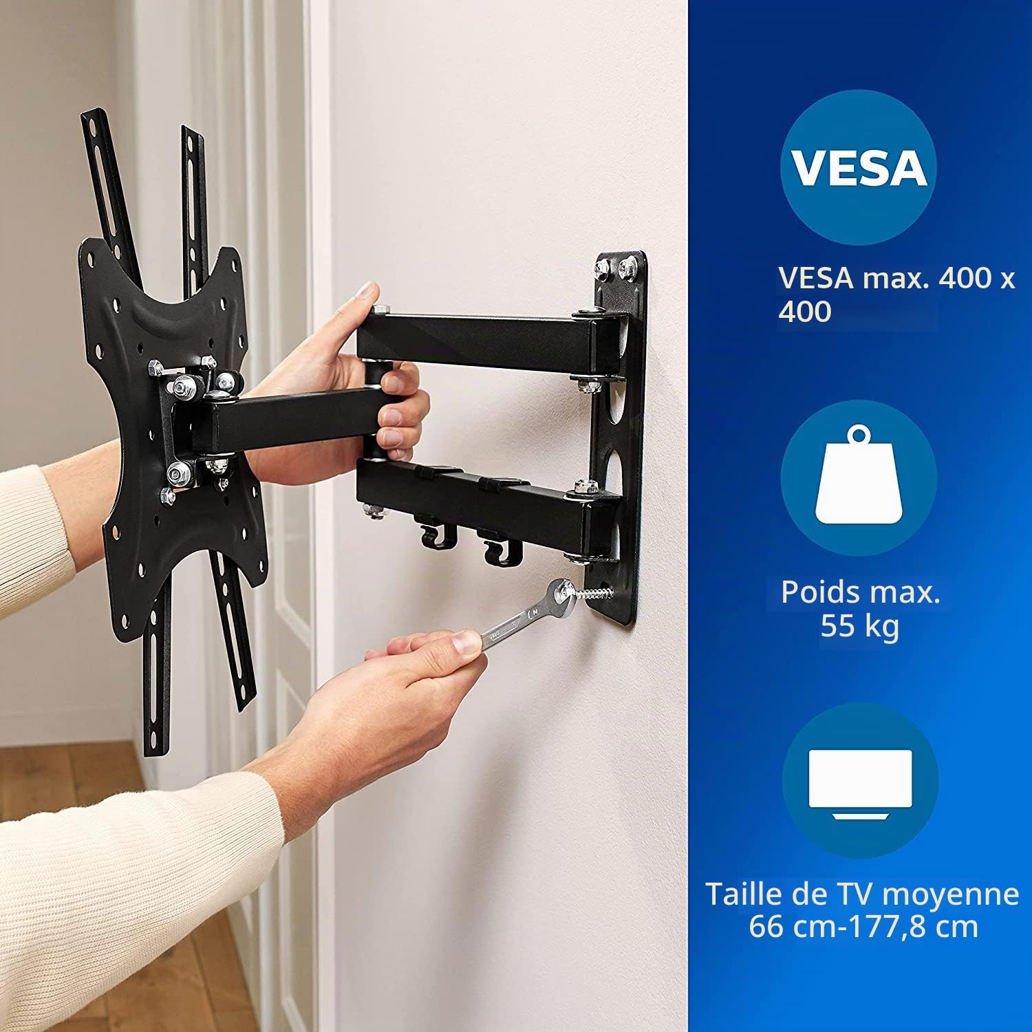 PHILIPS Support Mural TV SQM9232/10 - Téléviseurs de 26 à 70 Pouces - Max. 35 KG - Téléviseurs LED, LCD, QLED, OLED, Incurvés et Plats - Gestion des Câbles TV - Trous de Montage VESA - Noir