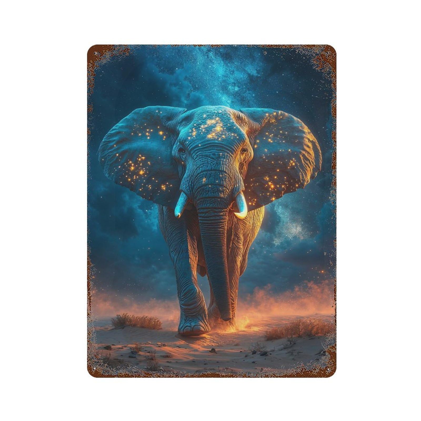 Rust Effect Celestial Elephant in Desert Landscape Rusty Metal Tin Sign 15.7"x11.8", Farmhouse Wall Decor for Shed, Workshop And Garage Wall Decor