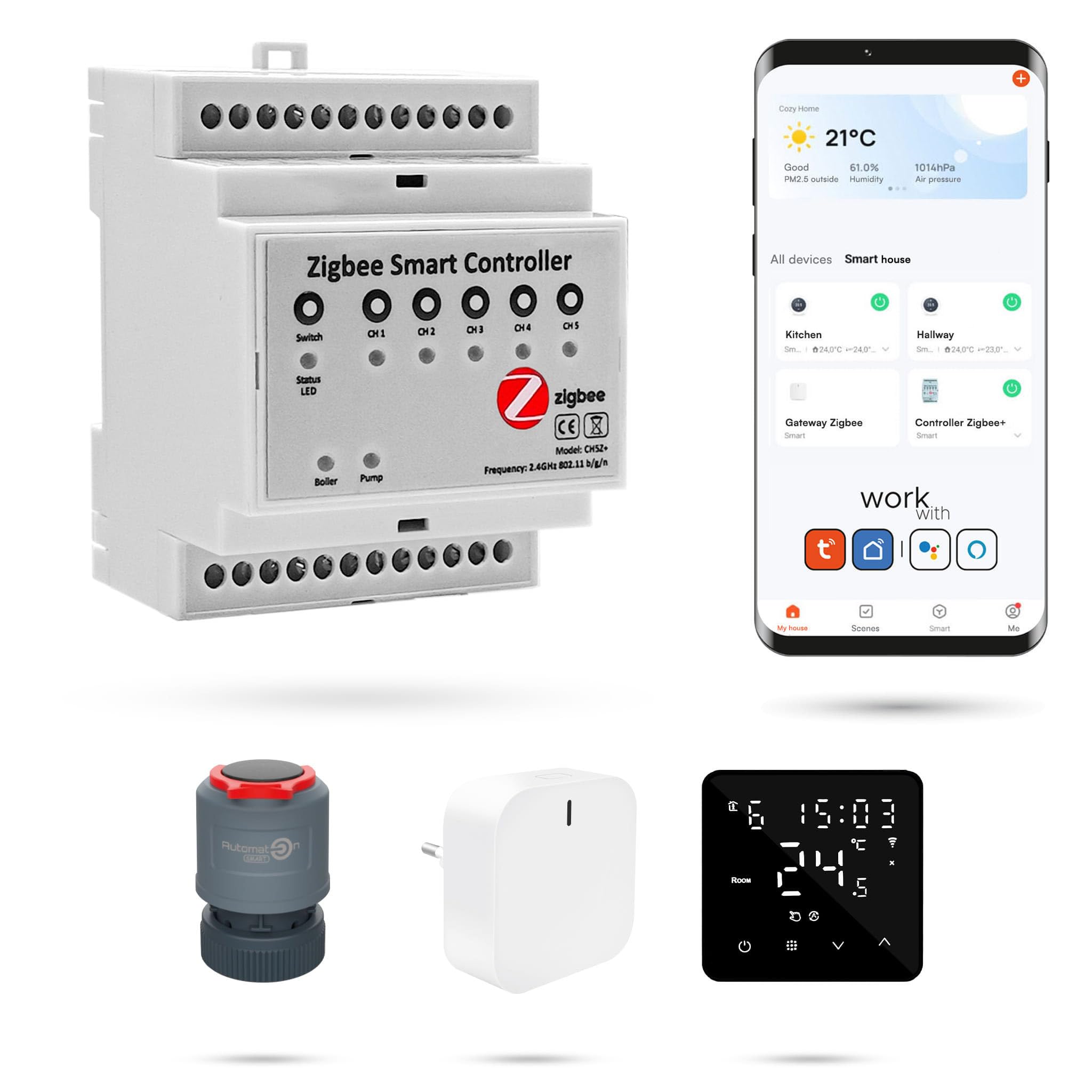 Automat-on Set für Fußbodenheizung mit 3X Batteriebetriebener Zigbee BAT2 Temperatursensor (Schwarz) 3X Stellantrieb Fussbodenheizung Zigbee Plus Controller und Gateway Kompatibel mit Alexa Google