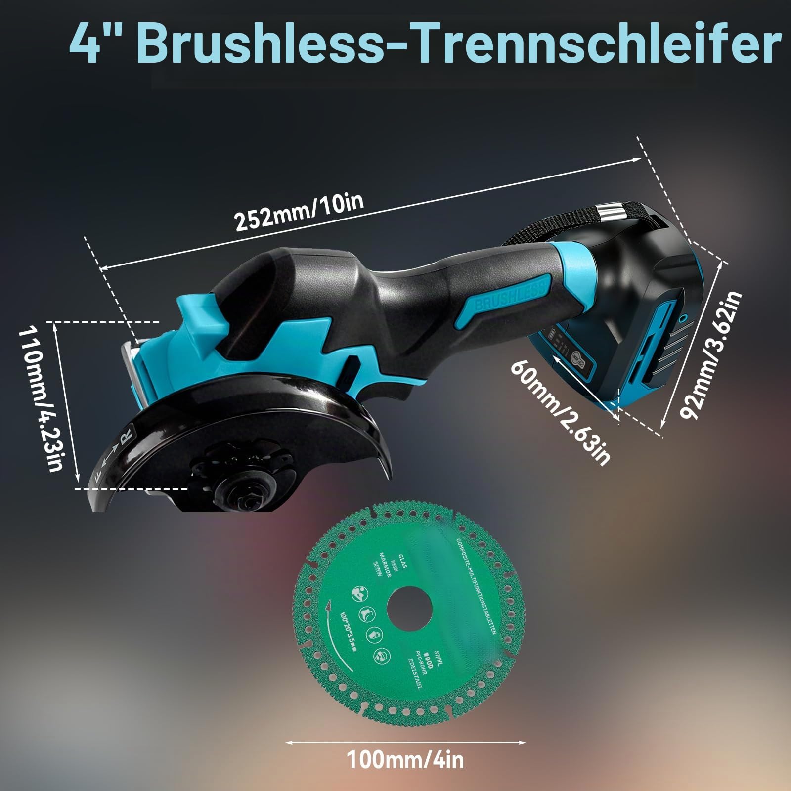 Akku-Winkelschleifer für Makita 18 V, bürstenloser Mini-Winkelschleifer, 18000 U/min, 100 mm, kleines Trennwerkzeug mit 4 Scheiben zum Schneiden, Polieren, Schleifen (für Makita, 100 mm)