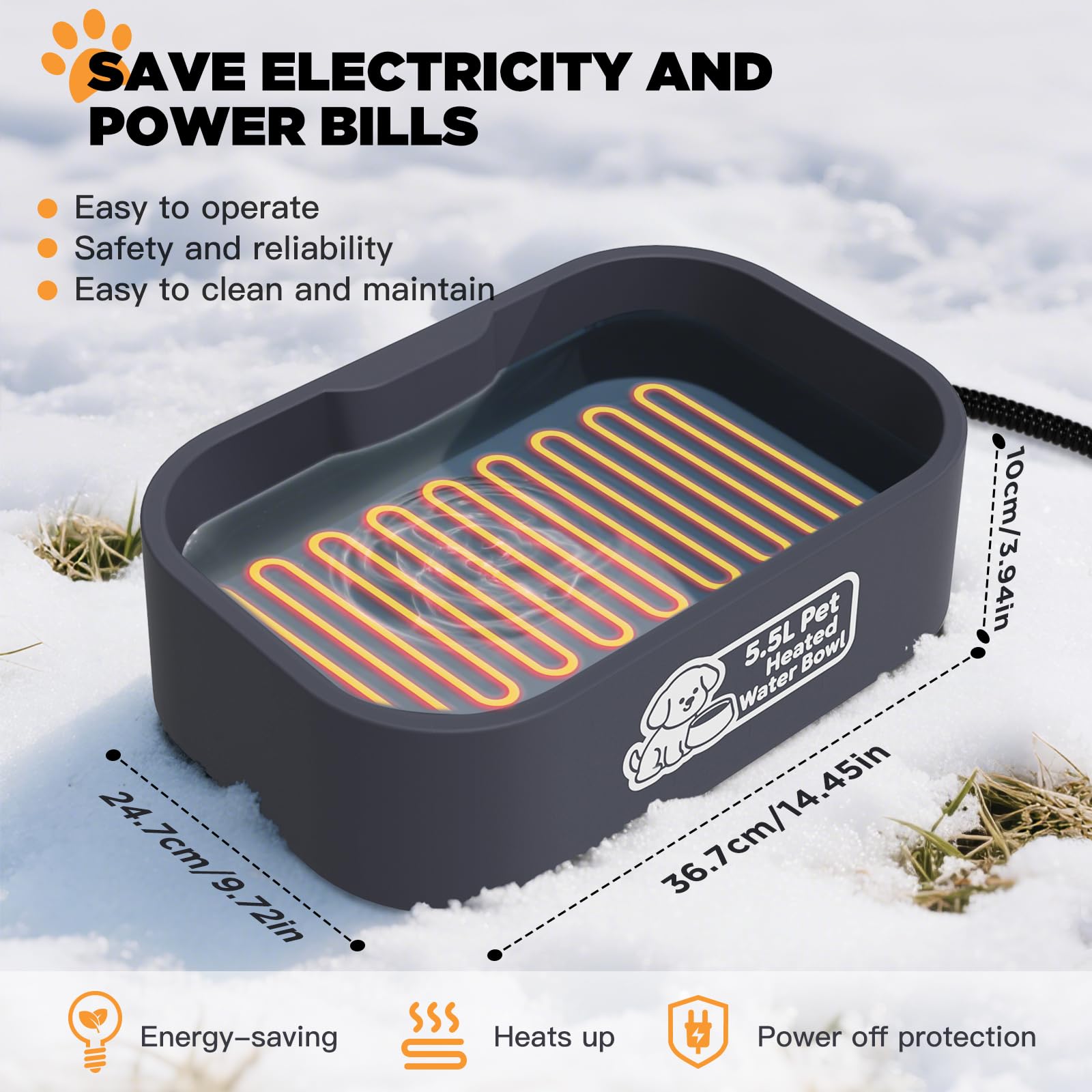 IPOW Cuenco de agua con calefacción para mascotas, rectangular extra grande de 5.5 litros, duradero, para exteriores, con cable antimasticación, mantiene el agua caliente a 25.0-35.0 °C para gatos y