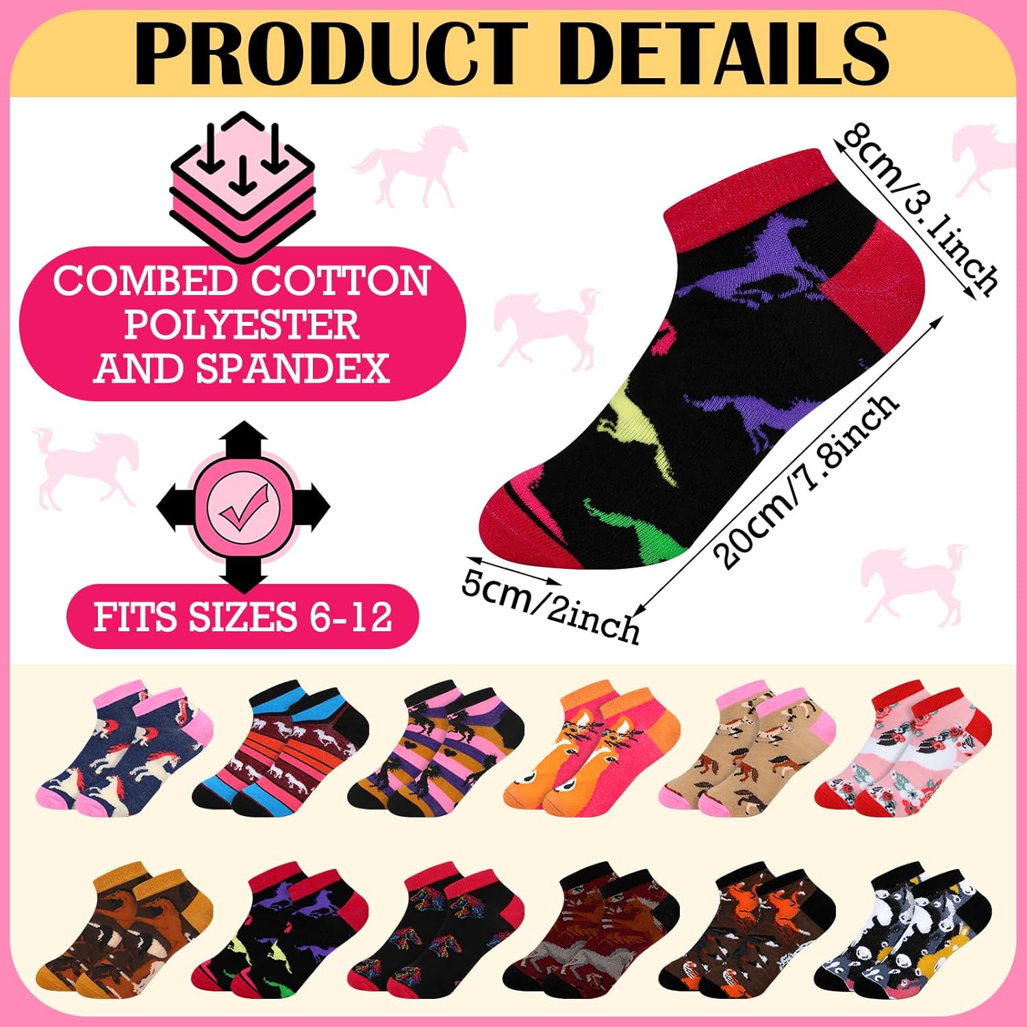 Leumoi 12 Pairs Funny Horse Ankle Socks for Women Novelty Equestrian Socks Horse Lovers Gifts Cute Fun Aesthetic Stuff US Size 6-12 Riding Gift for Women Cowgirl Ladies - Image 5