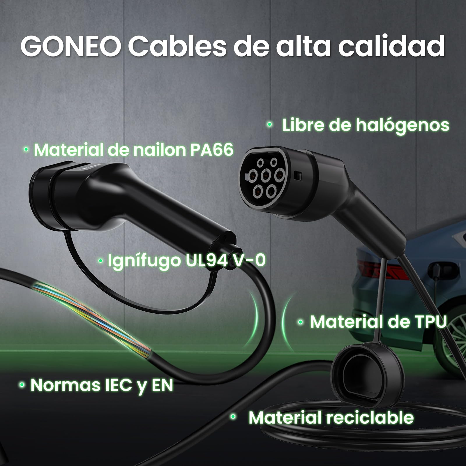 GONEO Cable de Carga Tipo 2 22kW 5M, 32A Mode 3, Cable de Carga para Coche Eléctrico Tipo 2 y 3 Fases para E Auto EV/PHEV Tipo 2 a Tipo 2 con Bolsa de Transporte