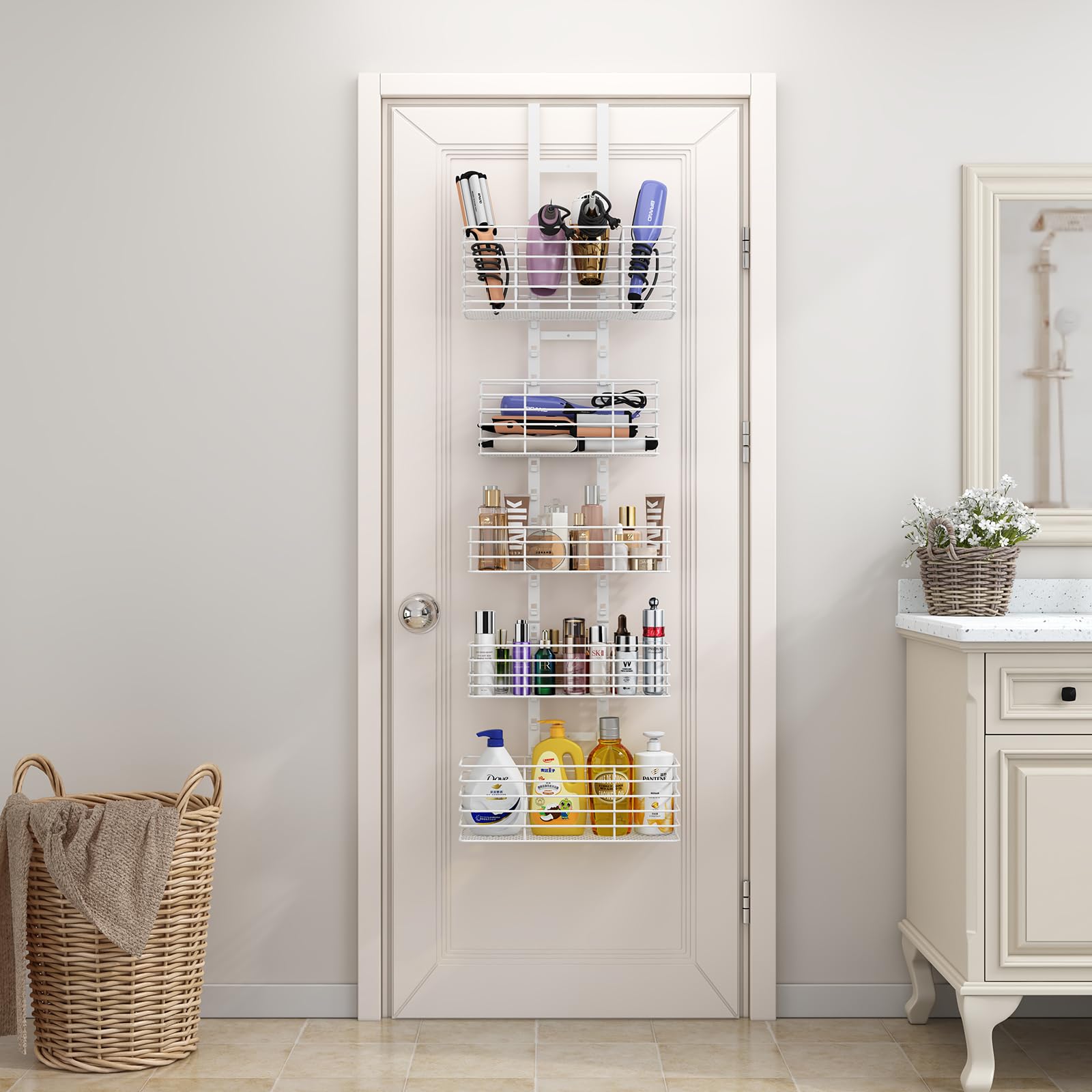 Organizador de 5 niveles sobre la puerta, estantes de baño, organizador de herramientas para el cabello, soporte para secador de pelo, altura ajustable, estante de almacenamiento de baño de 7