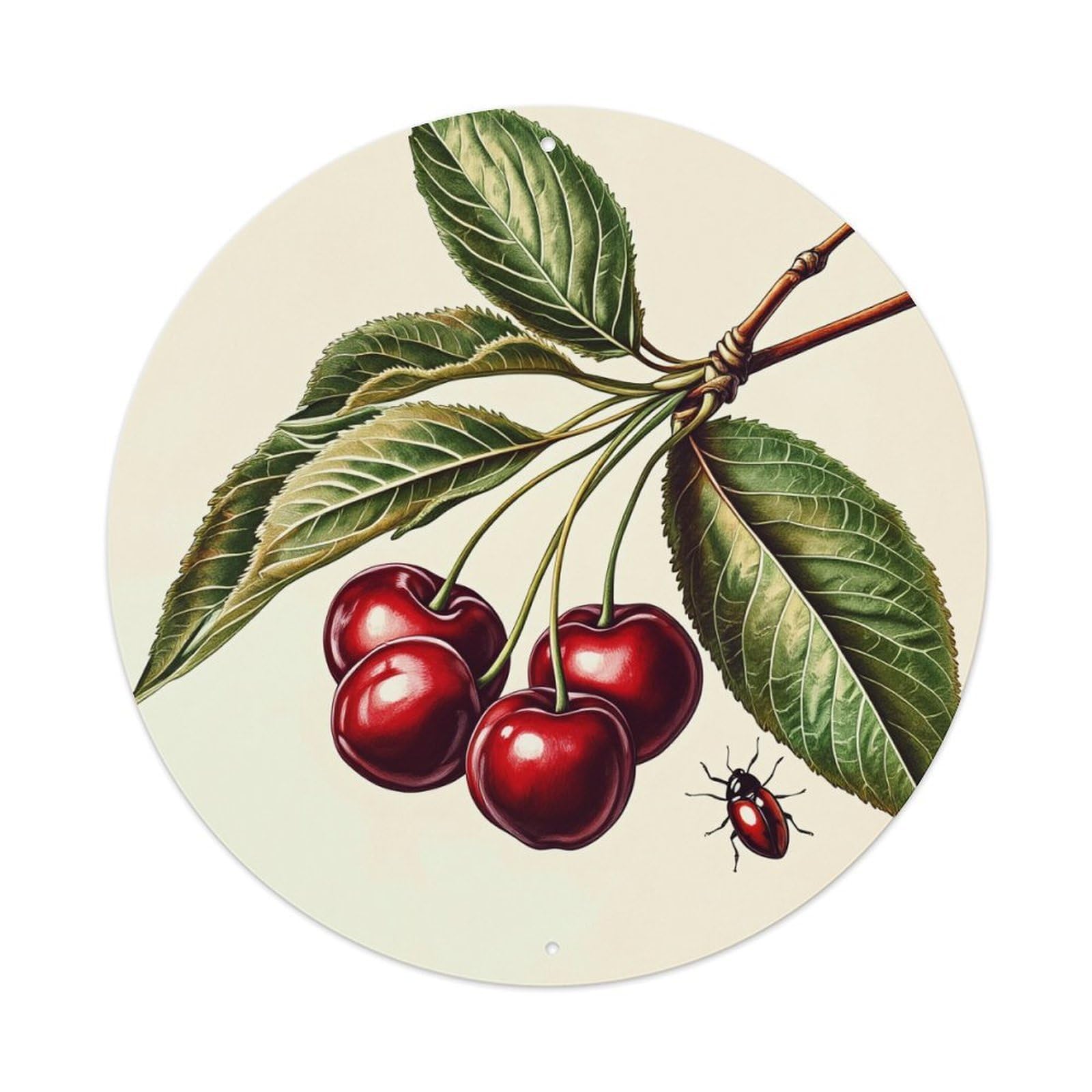 Cherry Branch Leaves Beetle Red Round Tin Sign Vintage Metal Poster, Home Bar Garage Man Cave Cafe Indoor & Outdoor Wall Decoration 8x8Inches
