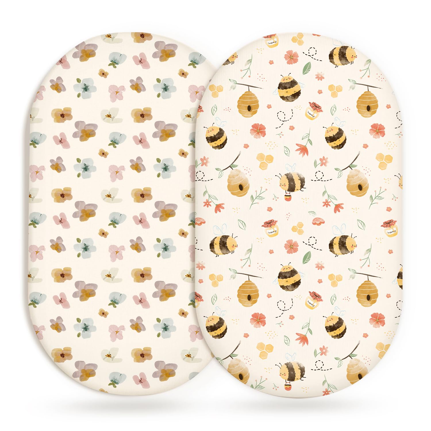 Bassinet Sheets, Fitted Baby Mattress Covers, 33" x 17", Bee Happy