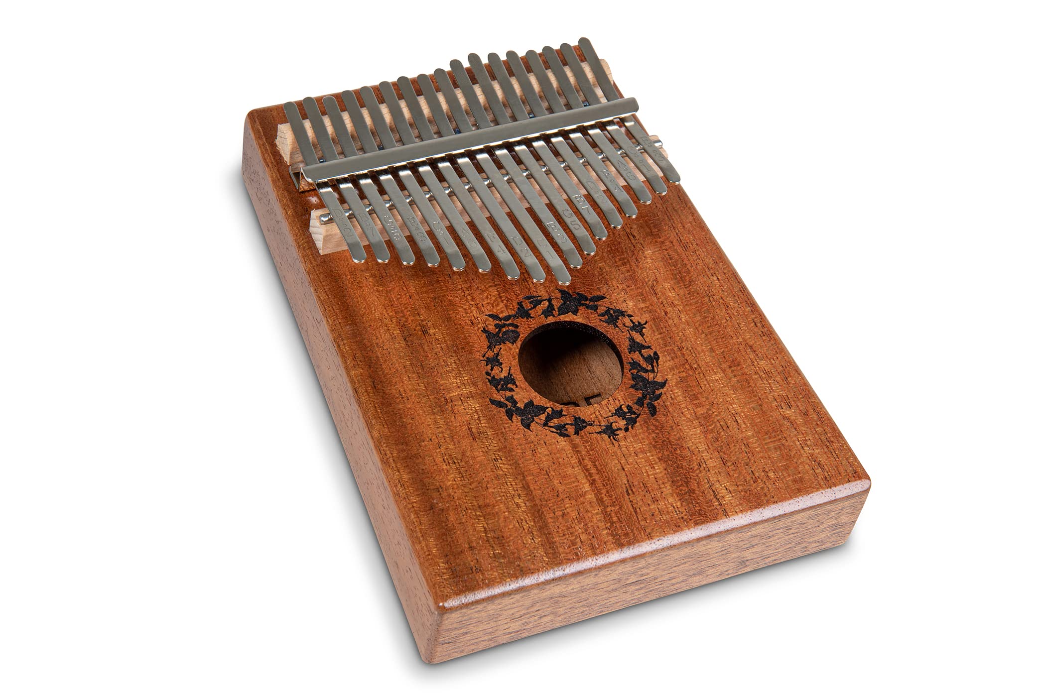 GEWA Kalimba pianoforte a pollice mogano, motivo foglie, 17 canne in acciaio, accordabile, incl. borsa, martello per accordare, manuale