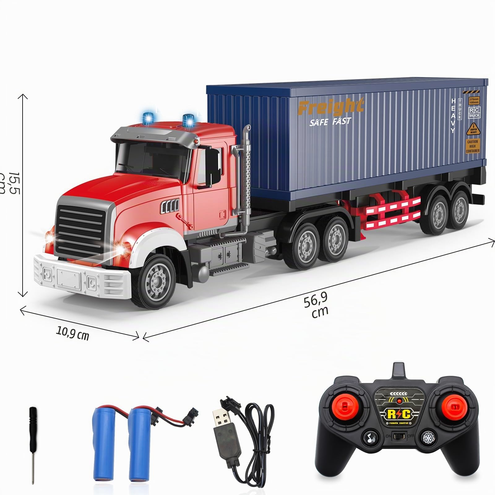 Mostop Camion Transporteur de Conteneurs RC, Véhicule de Transport ABS & Métal 10WD, Chariots Transportables de Grande Taille avec Télécommande et 8 Chariots, Camion Jouet Transporteur avec Lumières