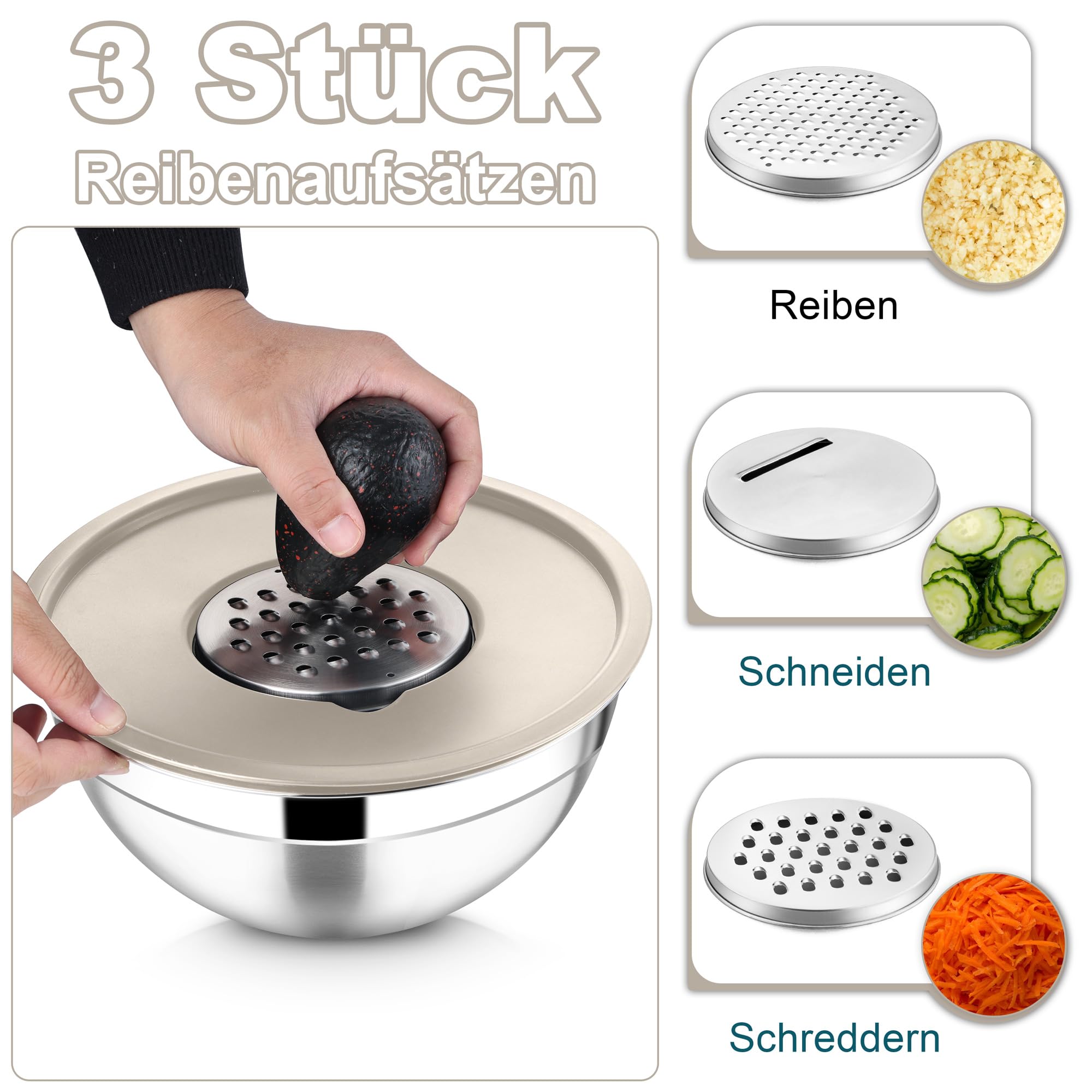 Joyfair Rührschüssel, 4,5 L Edelstahl Salatschüssel Schüssel mit Luftdichten Deckel & Abnehmbarem Deckel, Schüsseln mit 3 Reibenaufsätzen zum Backen/Kochen/Zubereiten, Spülmaschinenfest - Khaki