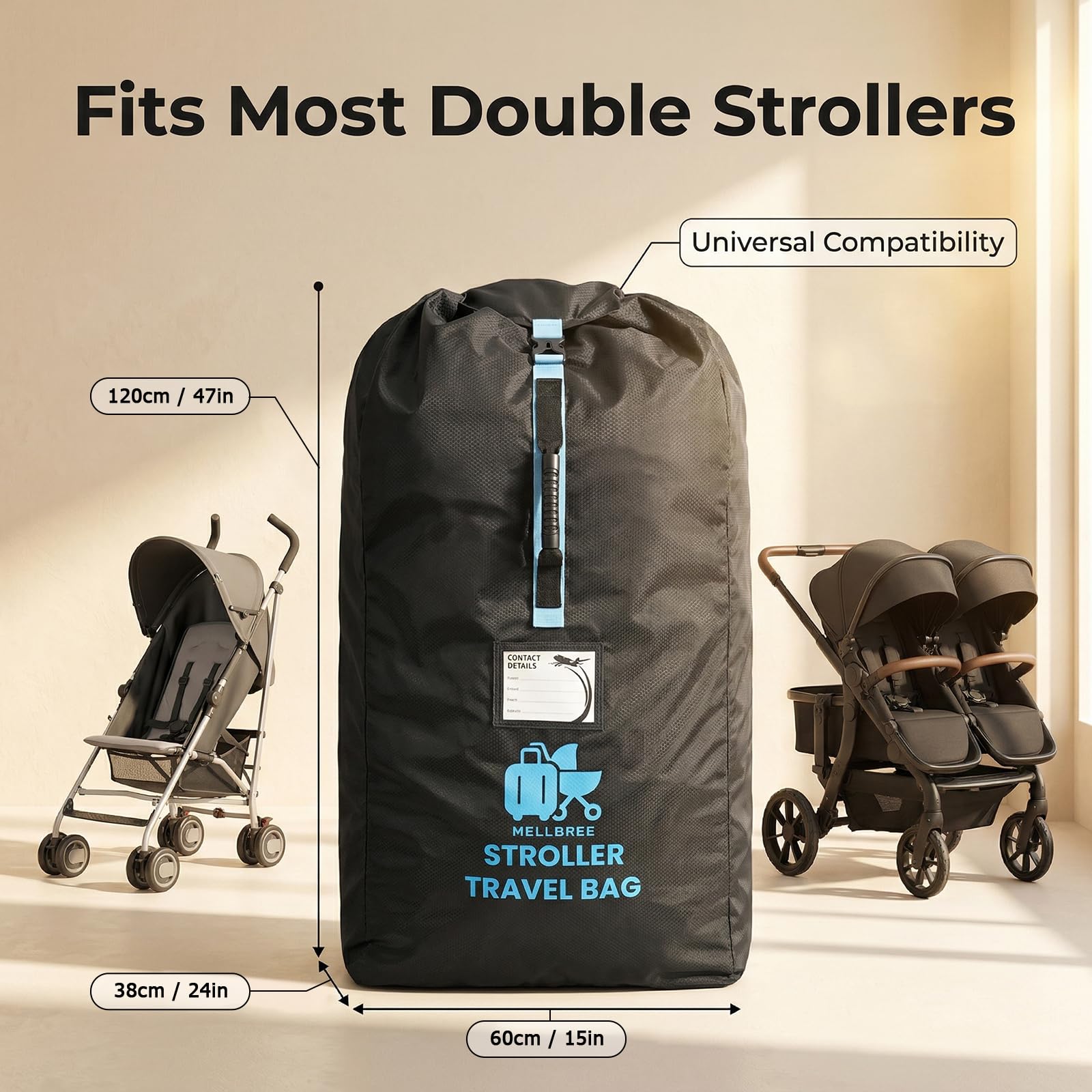 Mellbree – Sac de poussette XL pour avion, super grand sac de voyage pour poussette, sac de voyage pour portail, imperméable et résistant aux déchirures, en tissu Oxford nid d'abeille, s'adapte à la
