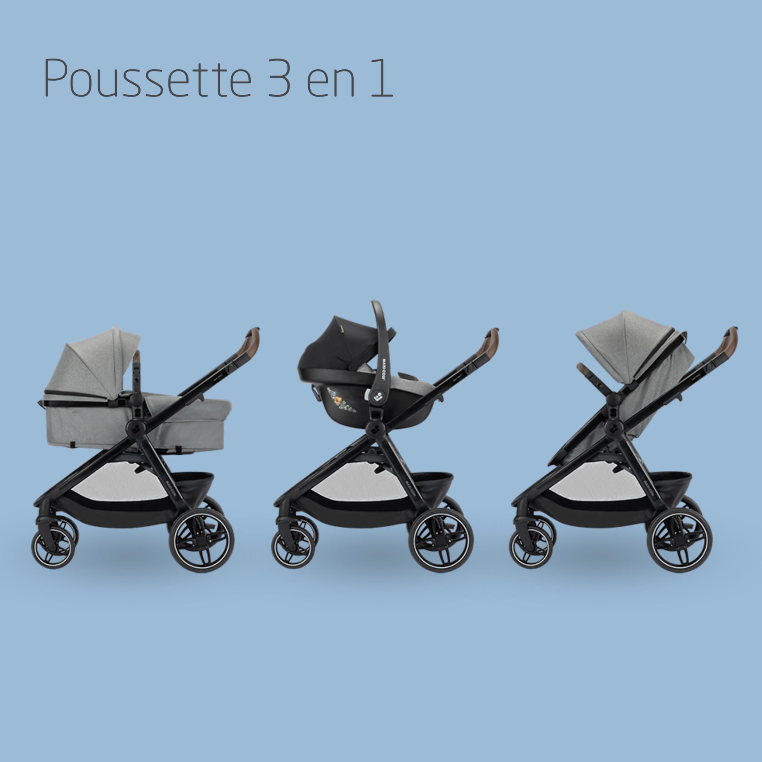 Maxi Cosi Zelia Select Trio, Poussette 3 en 1 Avec Siège auto, 0-4 ans (0-22 kg), Pliage D'une Seule Main, Poussette Trio Compacte et Réversible, Avec Siège auto Bébé CabrioFix S i-Size, Gris