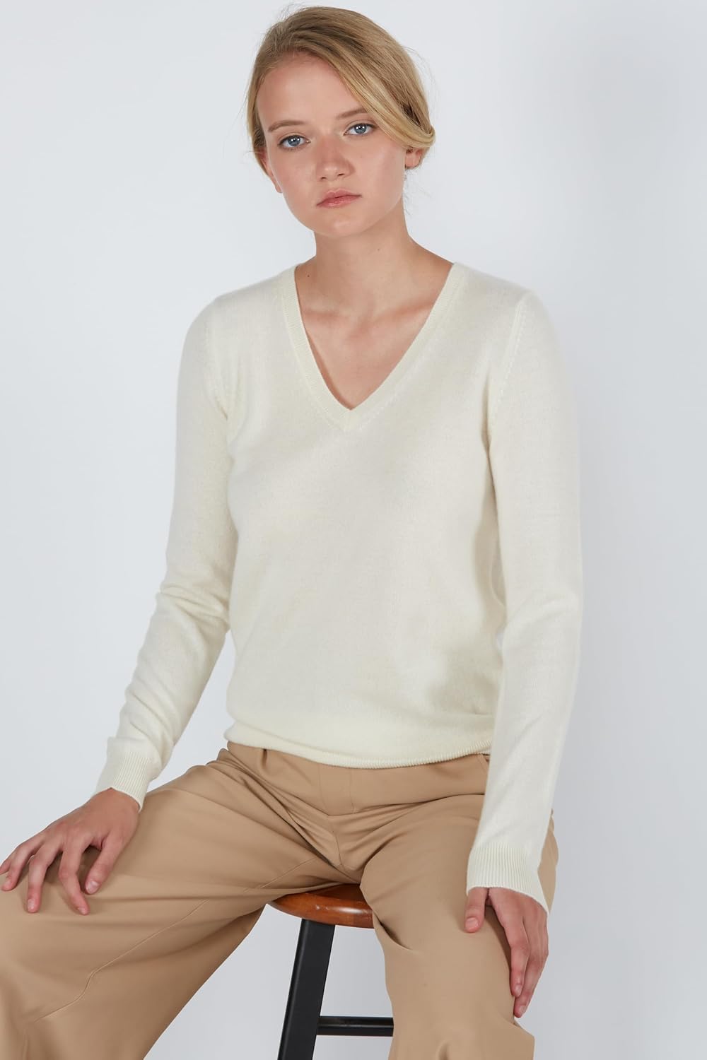 JENNIE LIU Women's 100% Pure Cashmere Long Sleeve Pullover V Neck Sweater