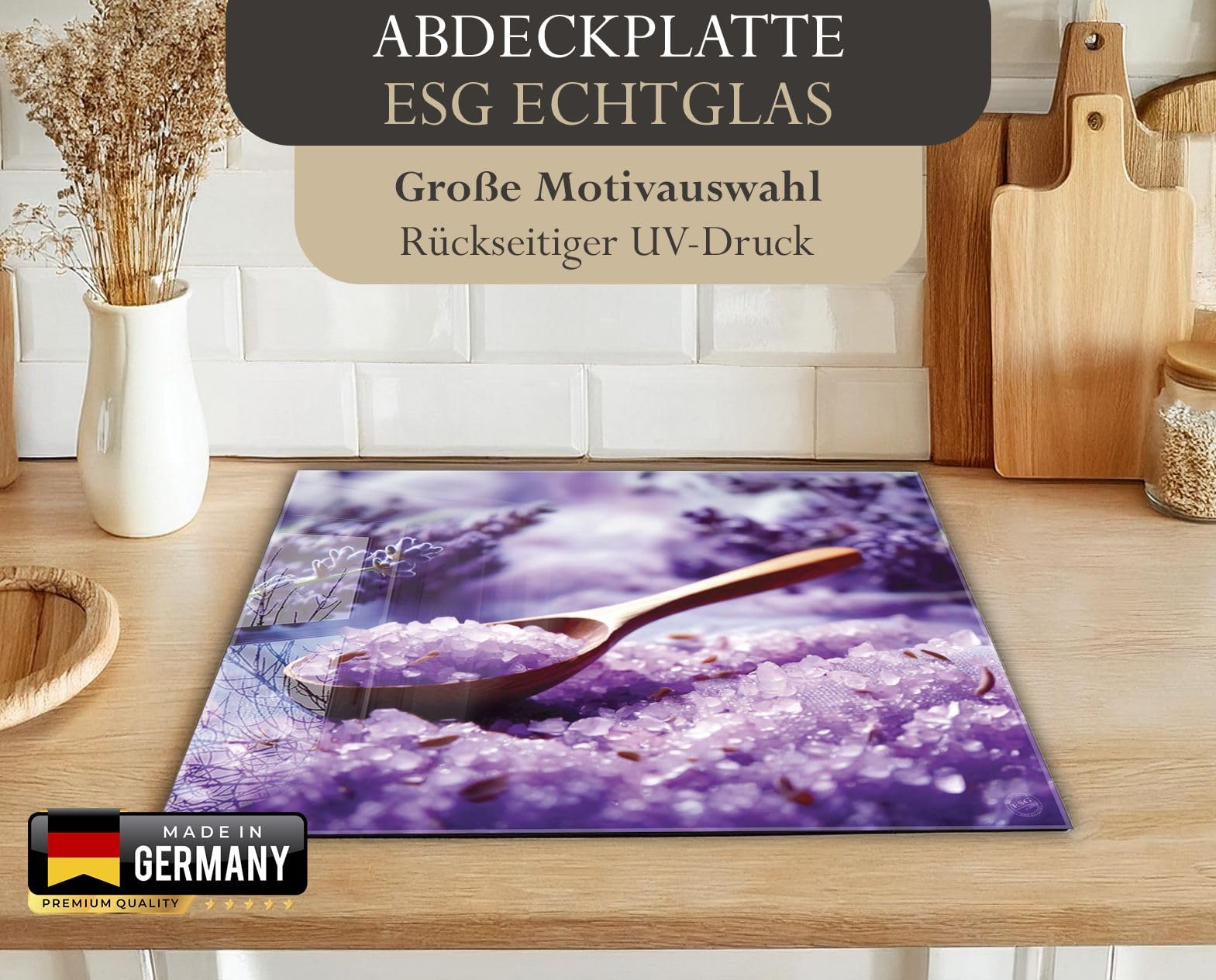 Herdabdeckplatte 80x52 cm einteilig aus 4mm ESG Glas | Lavendel Salzkristalle violett Kristalle, Badesalz, Bad & Spa | Herd Abdeckung Abdeckplatte Induktion Schneidebrett Glasplatte für Ceranfeld