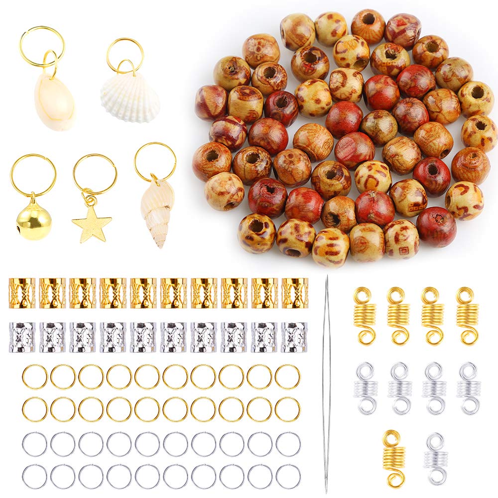 PP OPOUNT126 Pieces Dreadlocks Beads DIY Hair Braid Accessories with 10mm Natural Painted Wood Beads, Dreadlocks Beads, Braid Rings Hair Hoops and Hair Clips for Hair Decoration