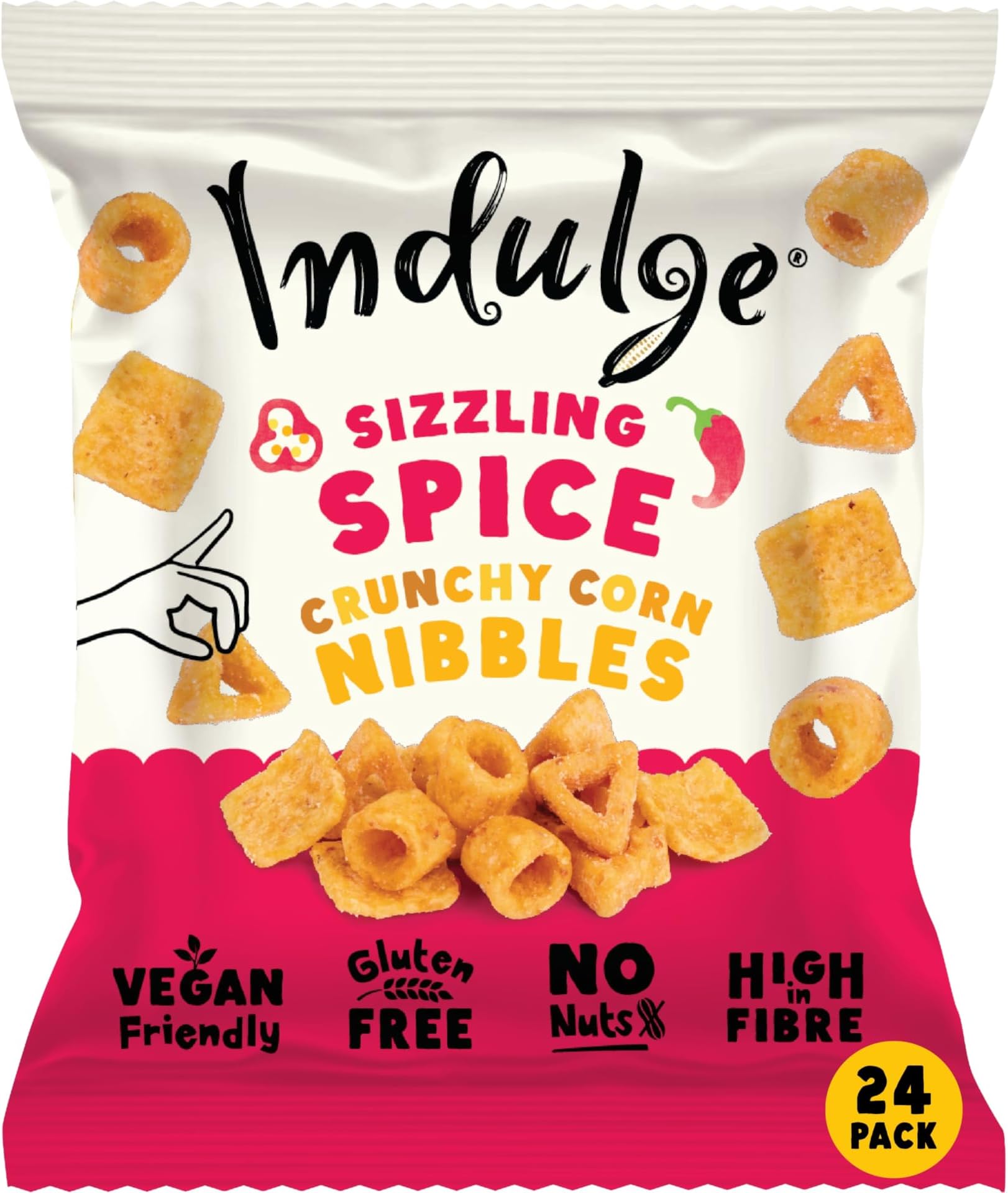 Indulge - Crunchy Corn Nibbles - Sizzling Spice Flavour - Gluten Free, Low Salt, Low Fat, Nut Free, Vegan - 20g x 24 bags (20g (Pack of 24), Sizzling Spice)