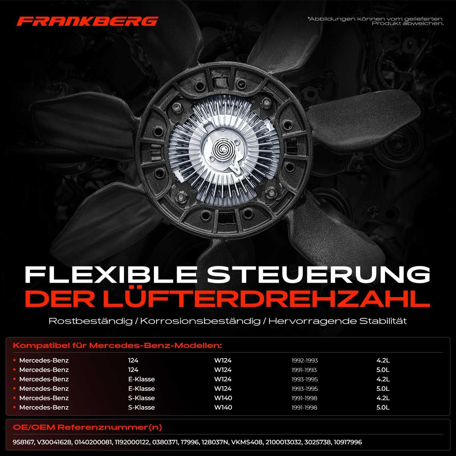 Frankberg Lüfterkupplung Kühlerlüfter Kompatibel mit 124 Stufenheck W124 400E 4.2 500E 4.2L 5.0L 1991-1993 E-Klasse W124 E420 E500 4.2L 5.0L 1993-1995 S-Klasse W140