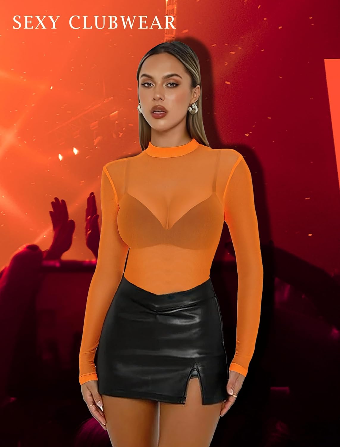 Avidlove Mesh Top for Women Long Sleeve See Through Shirt Mock Neck Sheer Blouse Clubwear Party XS-XXL - Image 2