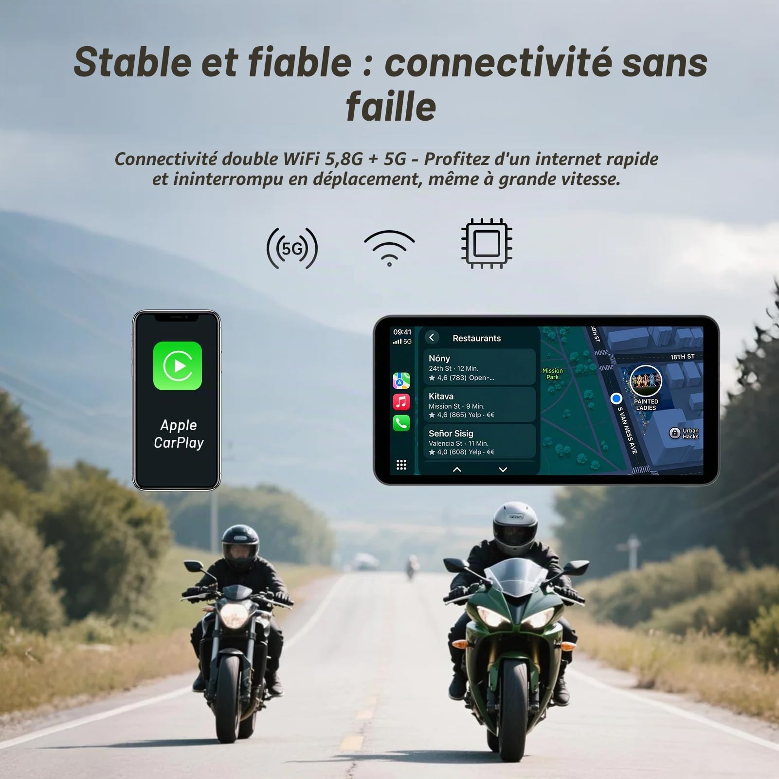 Écran intelligent de moto de 6 pouces - CarPlay & Android Auto sans fil | Contrôle vocal Bluetooth | IP67 étanche | TPMS | Écran tactile HD | Convient à la plupart des motos | Mises à jour OTA
