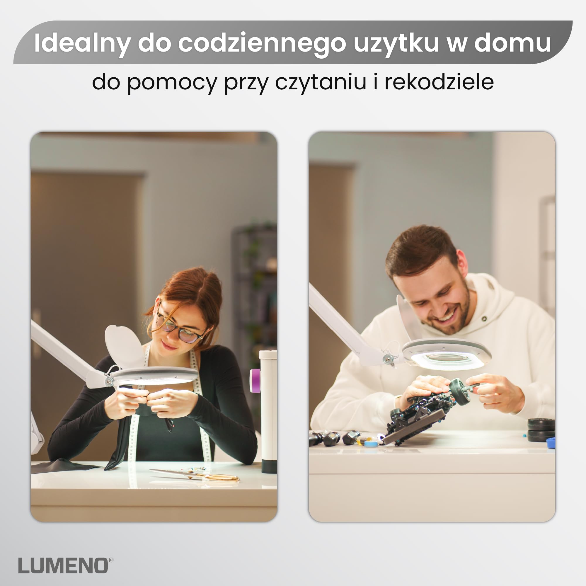 Lumeno 8615GR Lampa powiększająca Lampa robocza z dużą owalną soczewką 110x150 mm, 60 LED ściemnianych w 2 stopniach, idealna jako pomoc do czytania, kosmetyków lub lutowania, 5 dioptrie, szary