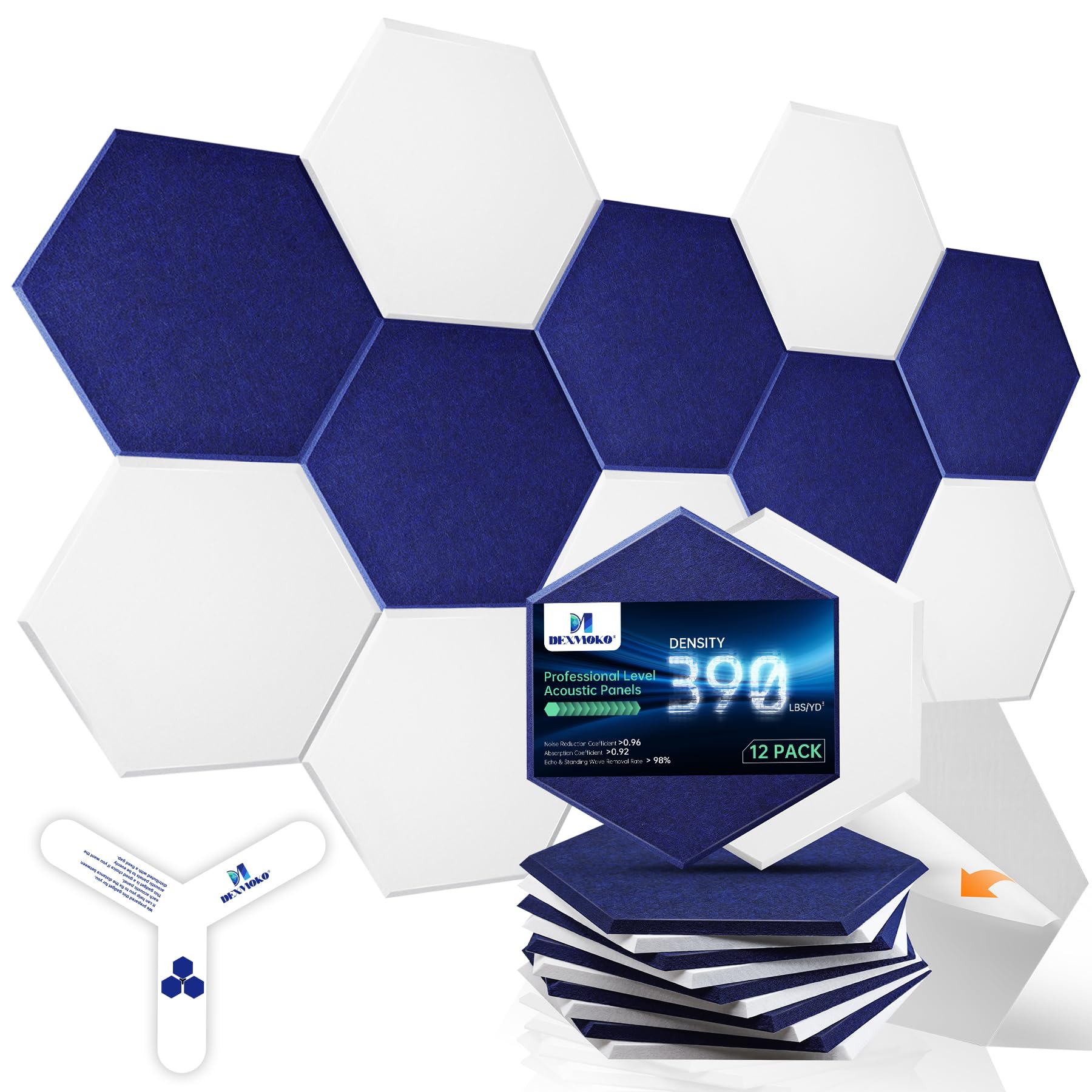 Self-Adhesive Acoustic Panels [390 lbs/yd³ Ultra-High Density], 2nd Generation Sound Absorbing Panel, Professional Level Sound Panel, Polyester Soundproof Foam [Size L, White & Dark Blue]