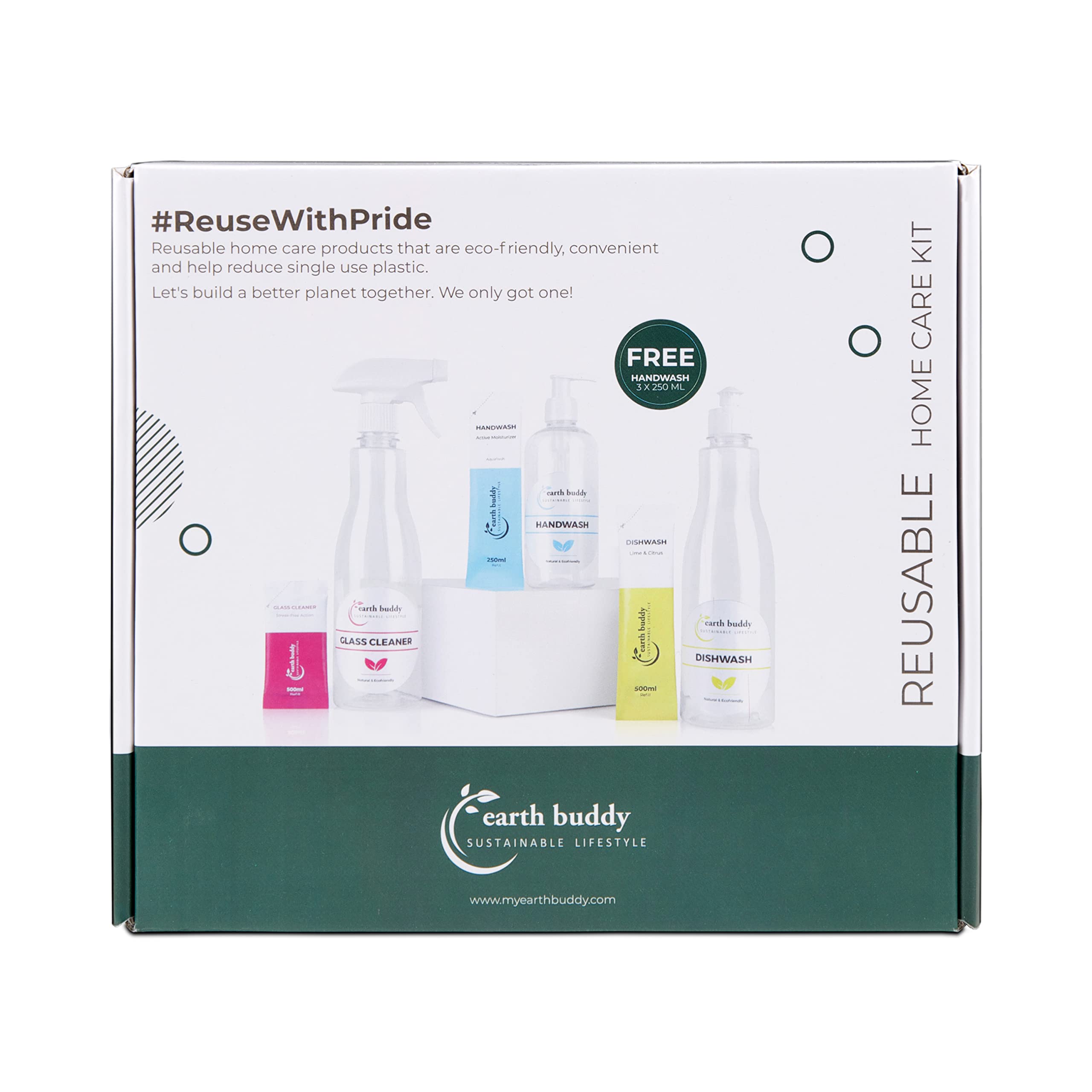 Earth Buddy Powder to Liquid Starter Kit – (3 bottles + 1.5 liters Dishwash + 1.5 Liters Glass cleaner + 750 ml Handwash(Free)), Combo of Amazing Fragrances, Shine Boosters