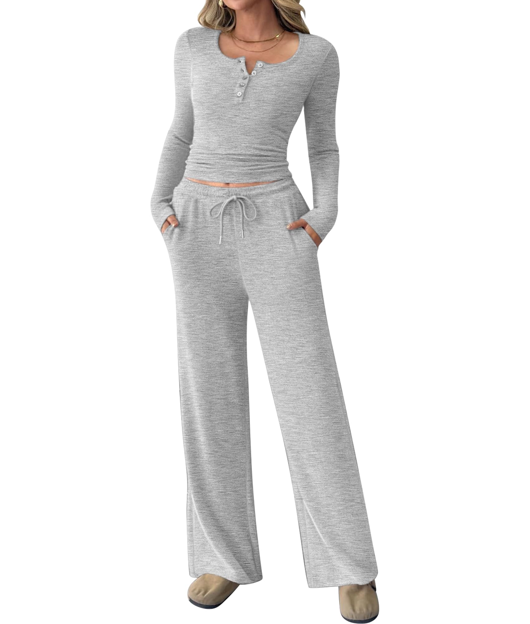 Womens 2 Piece Matching Lounge Sets Fall Fashion Outfits Henley Neck Sweater Top Wide Leg Pants Sweat Suits