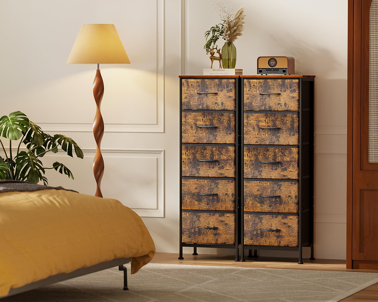 COSYLAND Commode Smalle Kast Met 4 Laden Van Stof Opbergtoren, Stabiel Meubilair Voor Slaapkamer Badkamer Woningingang Gang Kinderkamer Wit Beige