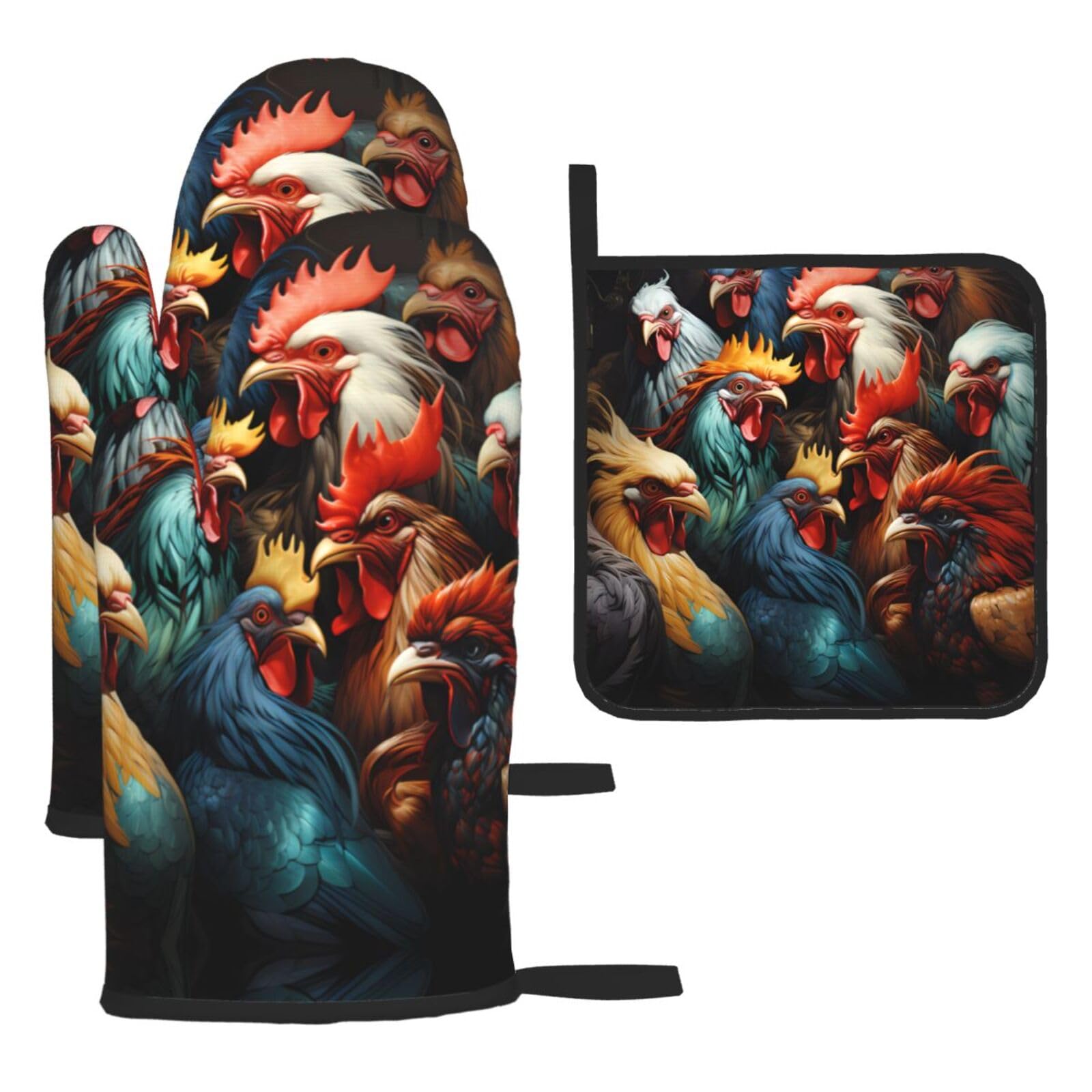 colorful roosters standing together Oven mittens and oven mitts three-piece set suitable for oven, grilling, baking, microwave and home cooking.