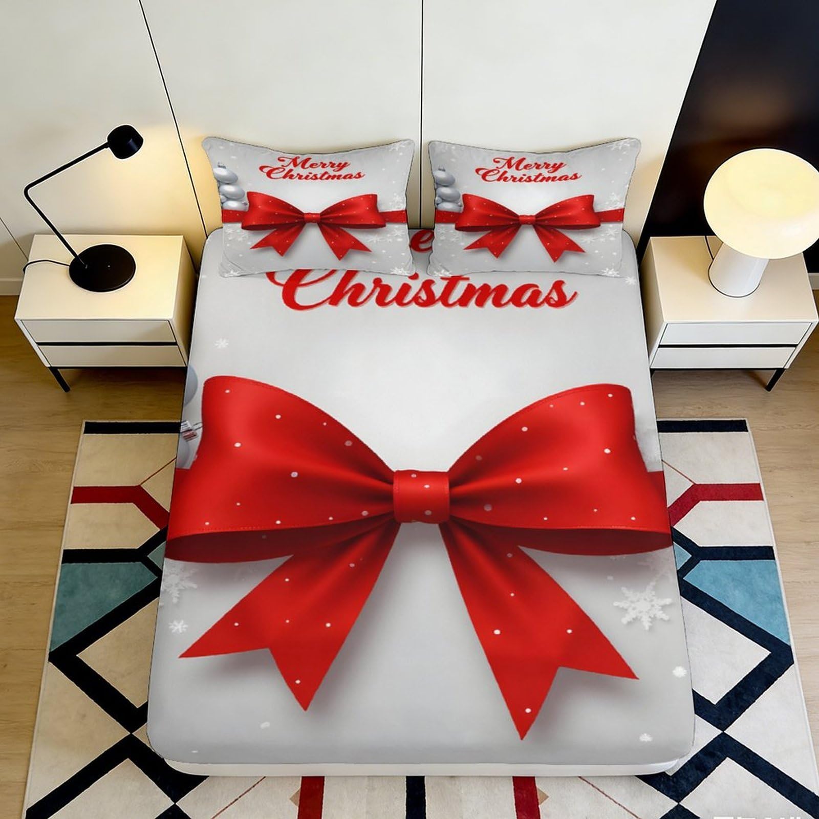 Pnayamiorkfel Style-9 3D Printed Christmas Red Bow Fitted Sheet Microfiber Soft Decorative Holiday Bed Cover For Bedroom Guest Room 90X200x25cm