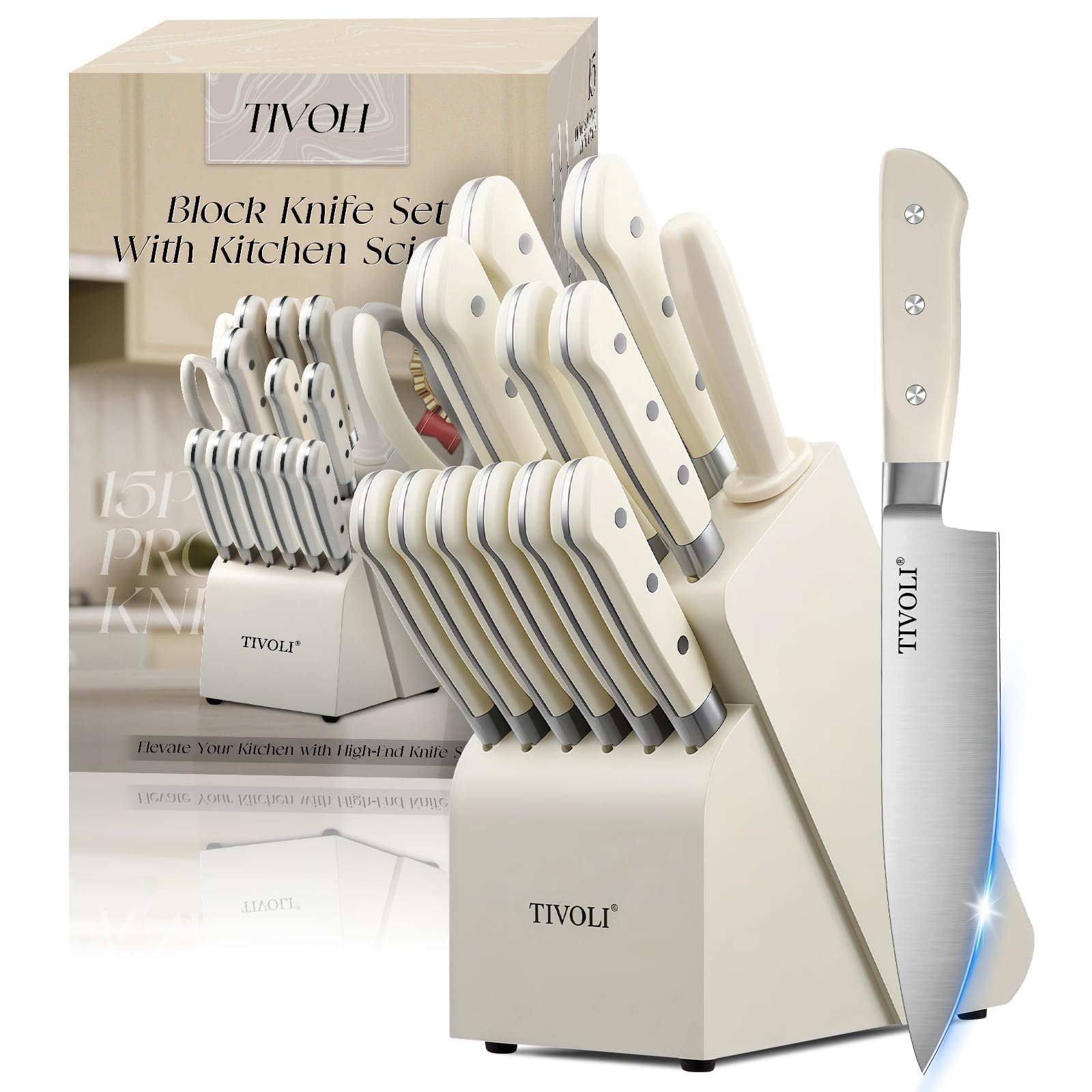 TIVOLI 15 PCS Knife Set with Block - Kitchen Knife Block Set, Cream White