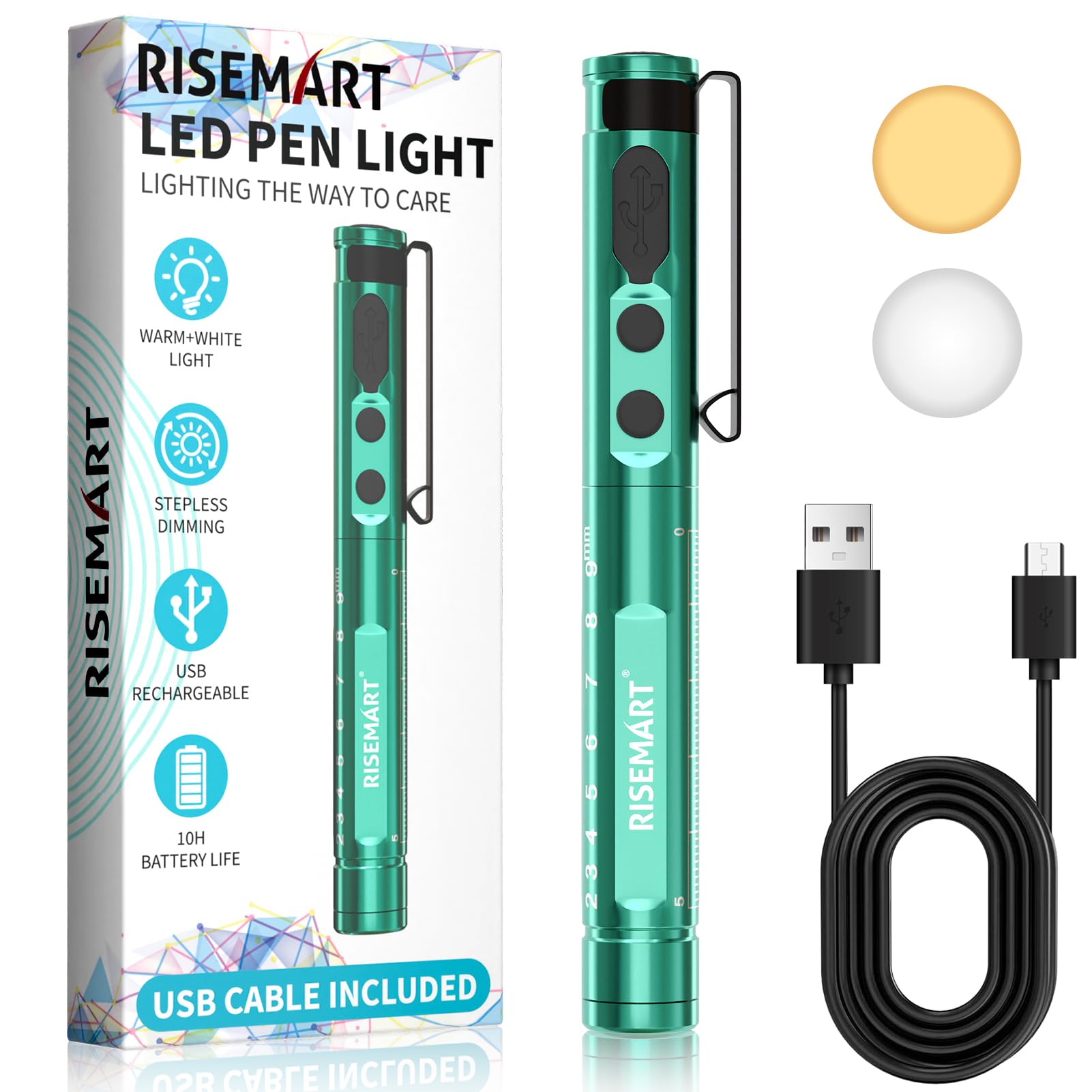 Lampa diagnostyczna, medyczna lampa źrenicy LED, z kablem USB, ciepła / zimna biel i bezstopniowe ściemnianie, przenośna, aluminiowa, medyczna lampa źrenicy z klipsem (Mars Green)