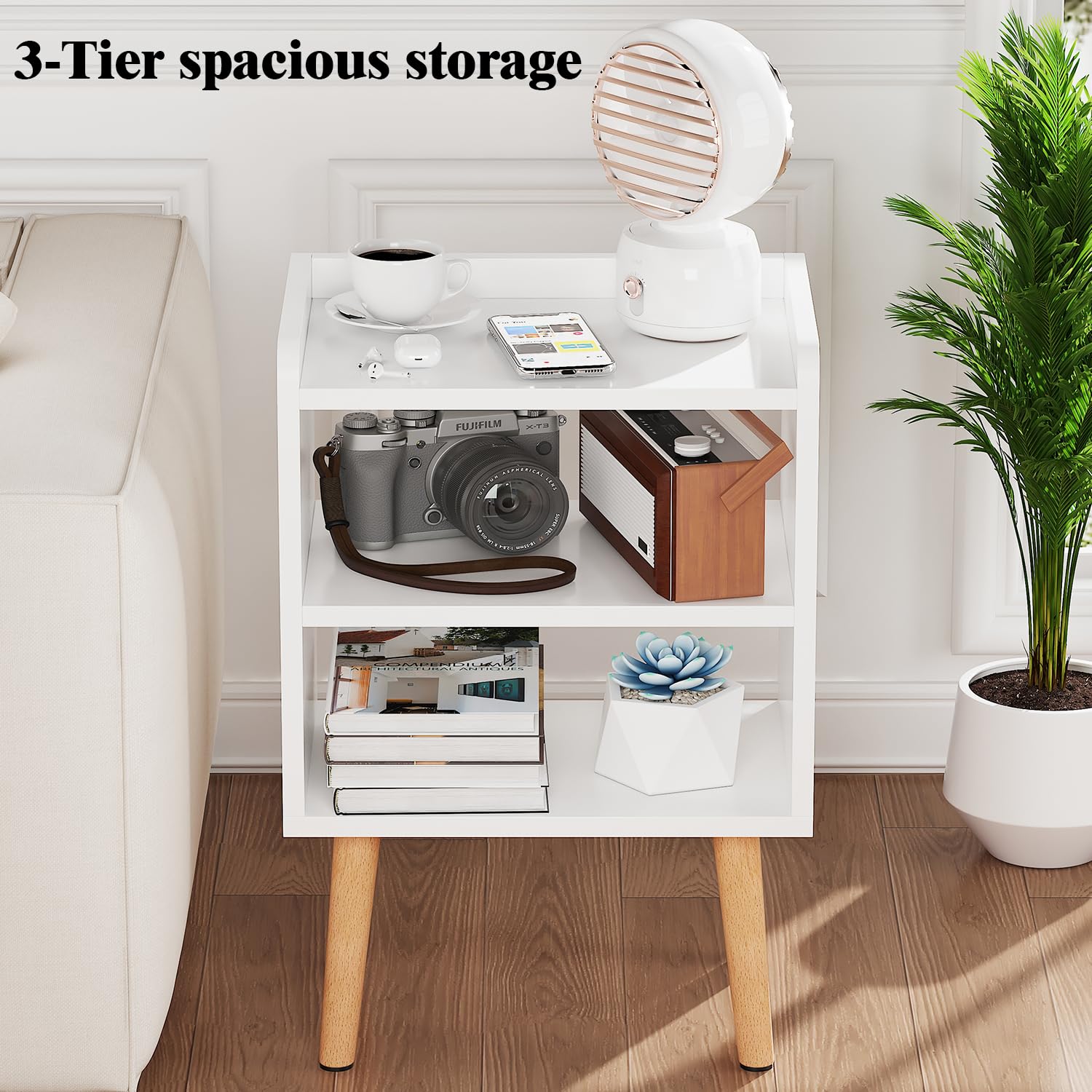 Mesita de noche moderna de mediados de siglo, mesita de noche de madera blanca, mesa auxiliar de 3 niveles con estantes de almacenamiento abiertos, mesita de noche pequeña para dormitorio, 3