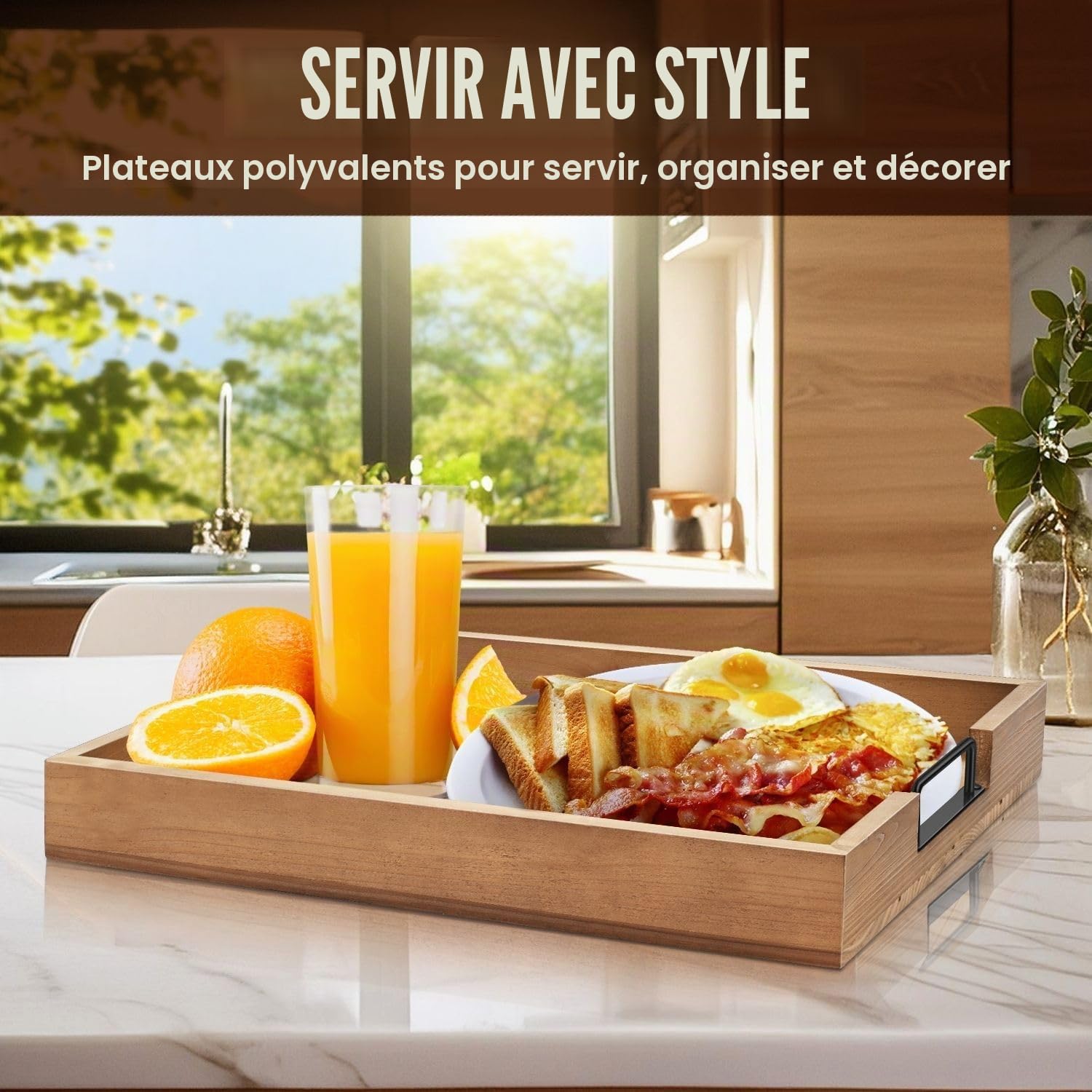 Flexzion Lot de 3 plateaux de service rustiques empilables en bois de sapin avec poignée, plateau à charcuterie imbriqué durable pour table basse ottomane, plateau de nourriture et de décoration