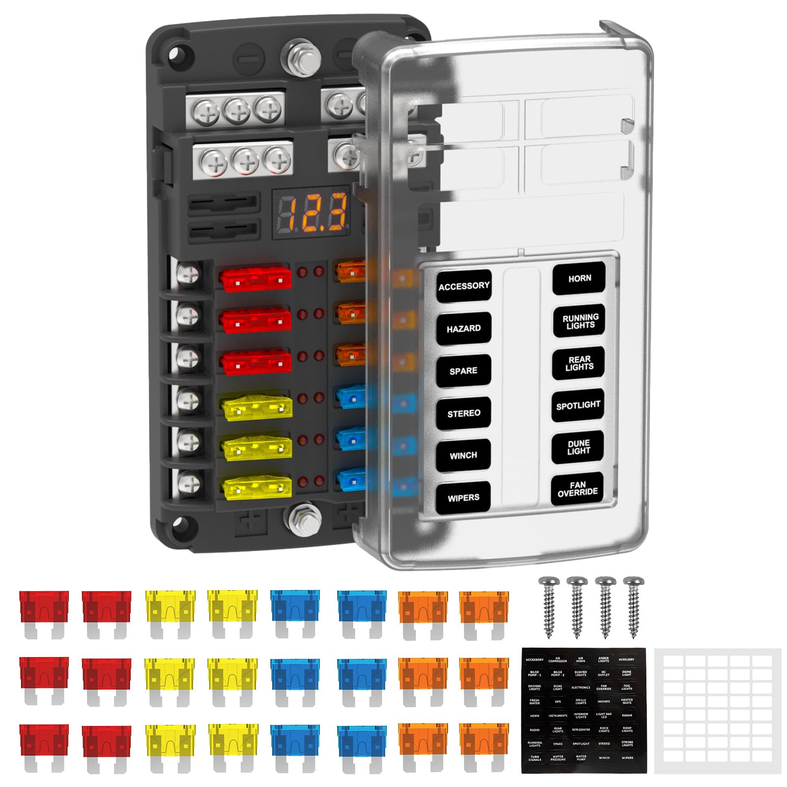 UCkasayfy 12 Way Fuse Block Box 12V/24V DC, ATC/ATO Fuse Panel with LED Display for Marine Boat Automotive Motorcycle