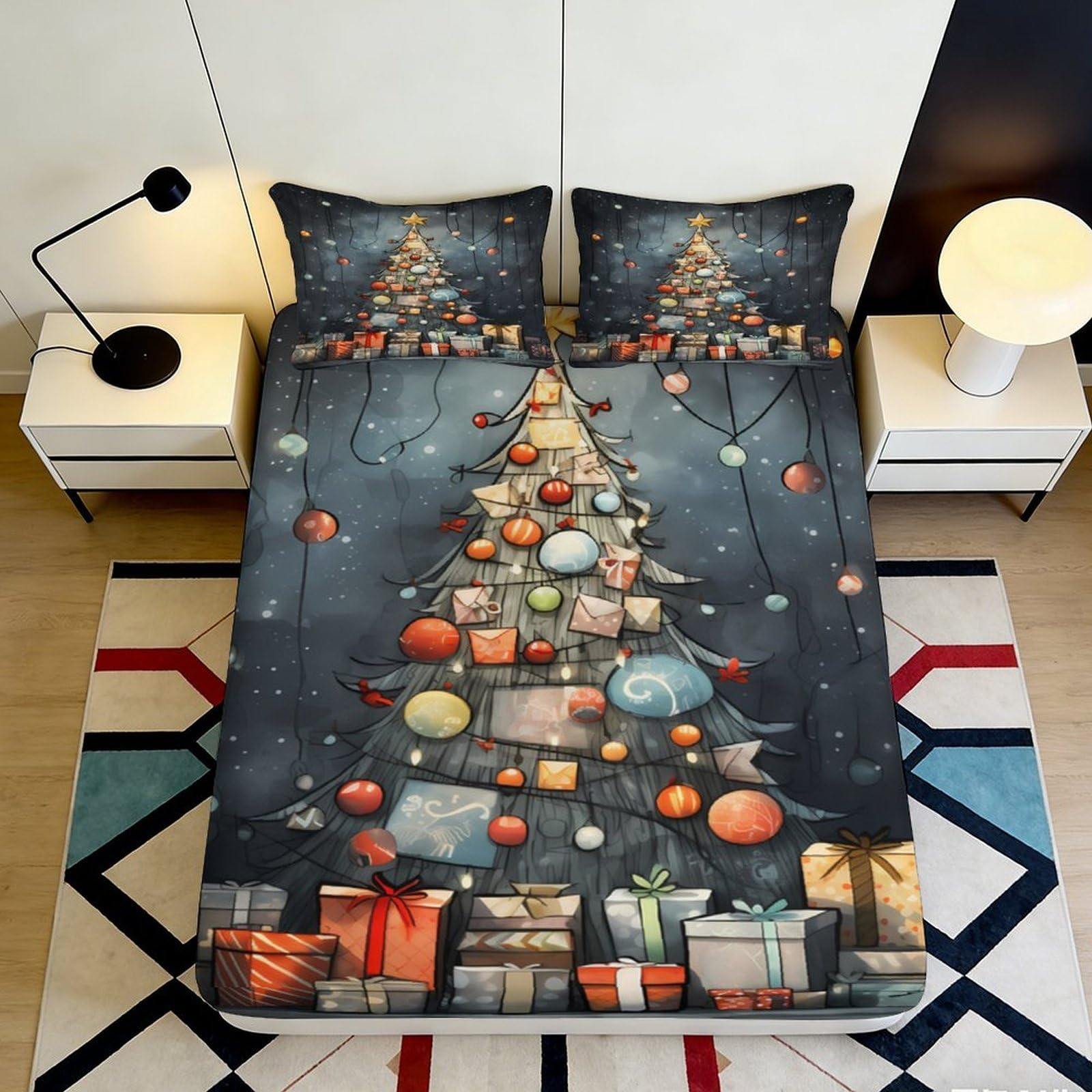 3D Printed Christmas Tree Fitted Sheet Microfiber Soft Breathable Bed Cover for Bedroom Dormitory Guest Room Mattress Protection 200x200x25cm