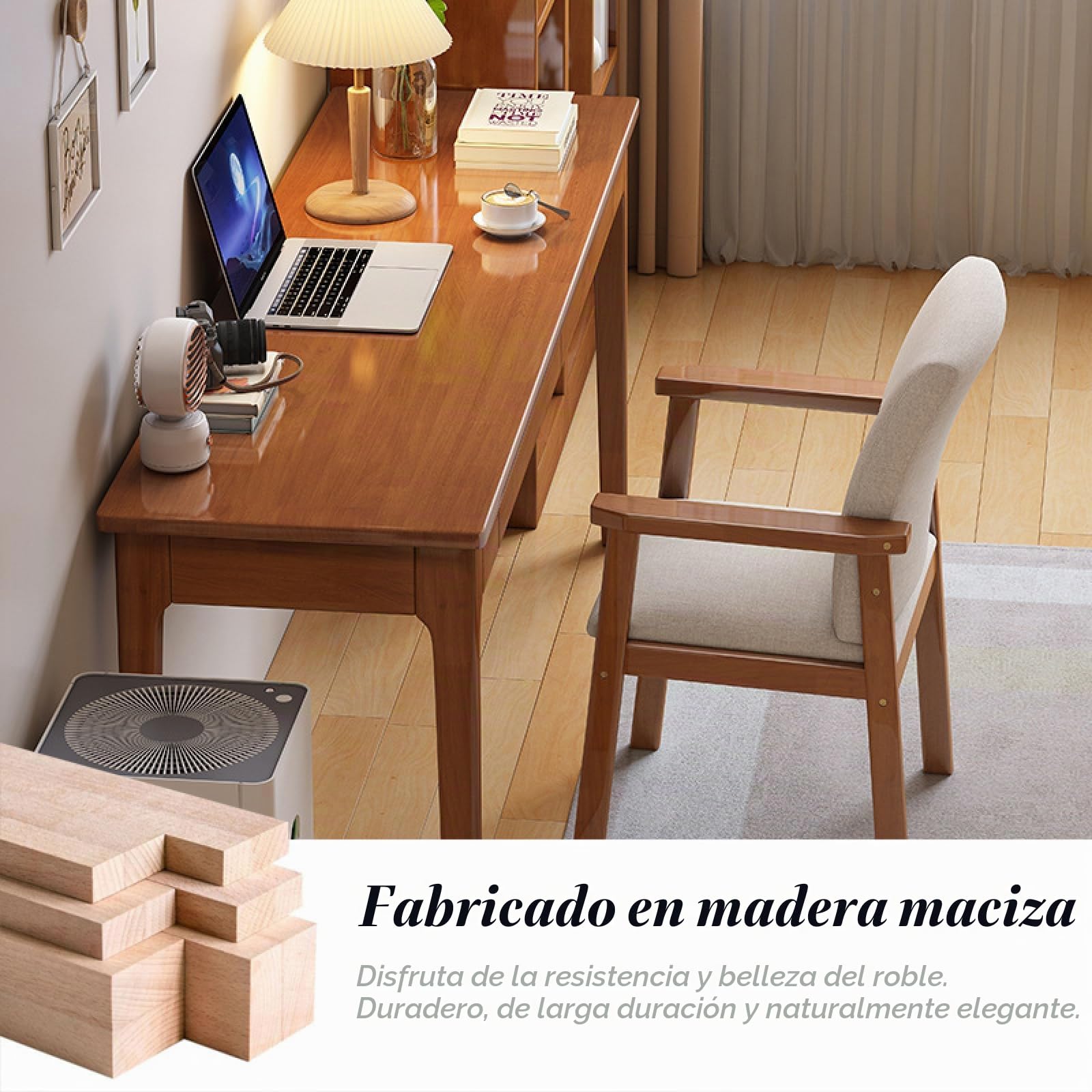 Escritorio de Madera de Roble 100% Macizo con Cajones de Almacenamiento, Diseño Moderno de Mediados de Siglo, Mesa de Estudio para Oficina en Casa, Dormitorio o Sala de Estar, 47 Pulgadas