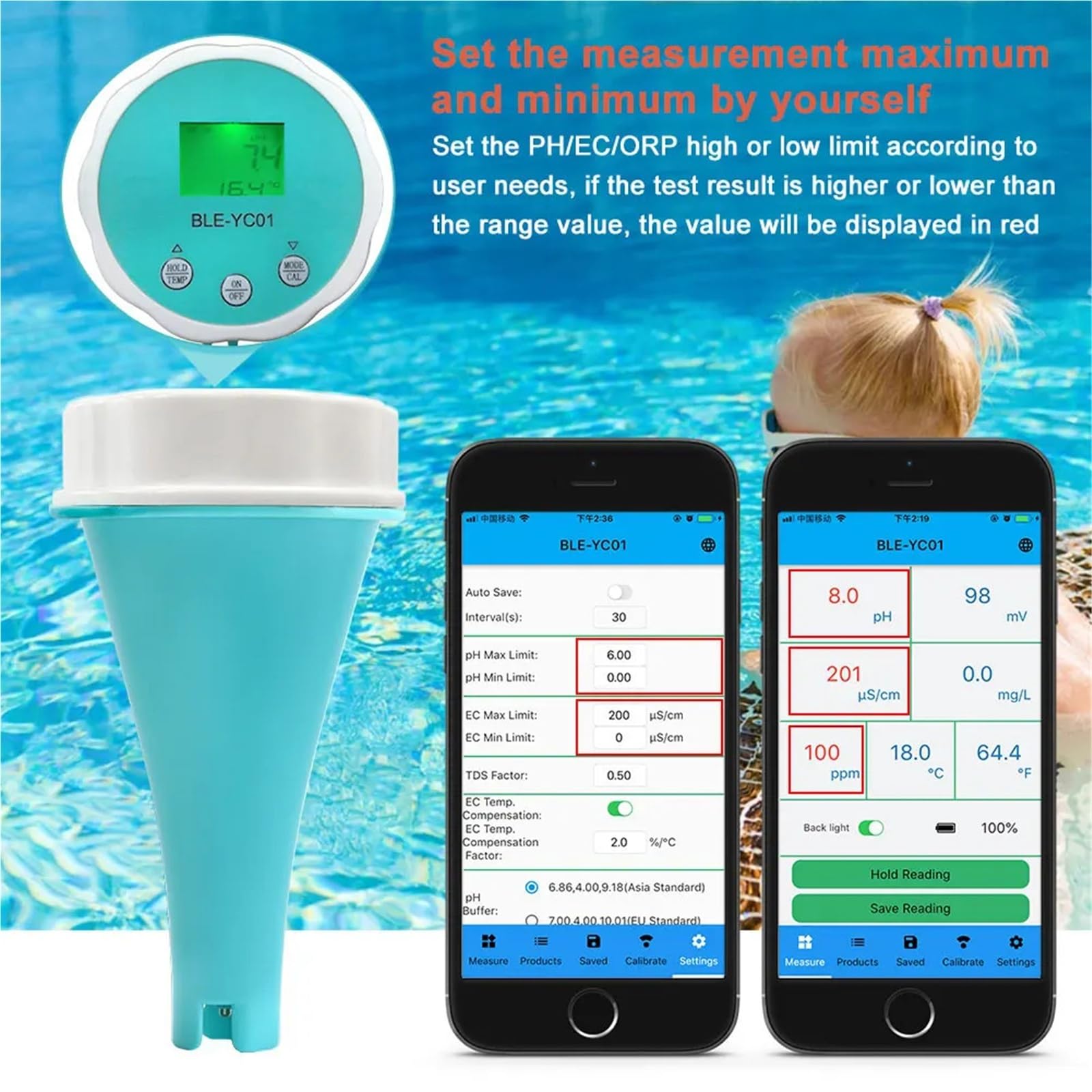 Analizzatore d'acqua for piscina galleggiante intelligente 6 in 1 PH CL TDS EC ORP TEMP Tester APP Monitor online della qualità acqua,Multifunzionale