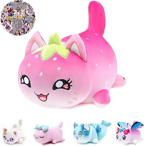 KOWSi Peluche de gato de fresa de 11 pulgadas serie de peluche de gato Meemeows - Almohada de peluche de anime 100 poliéster costuras bordadas suave