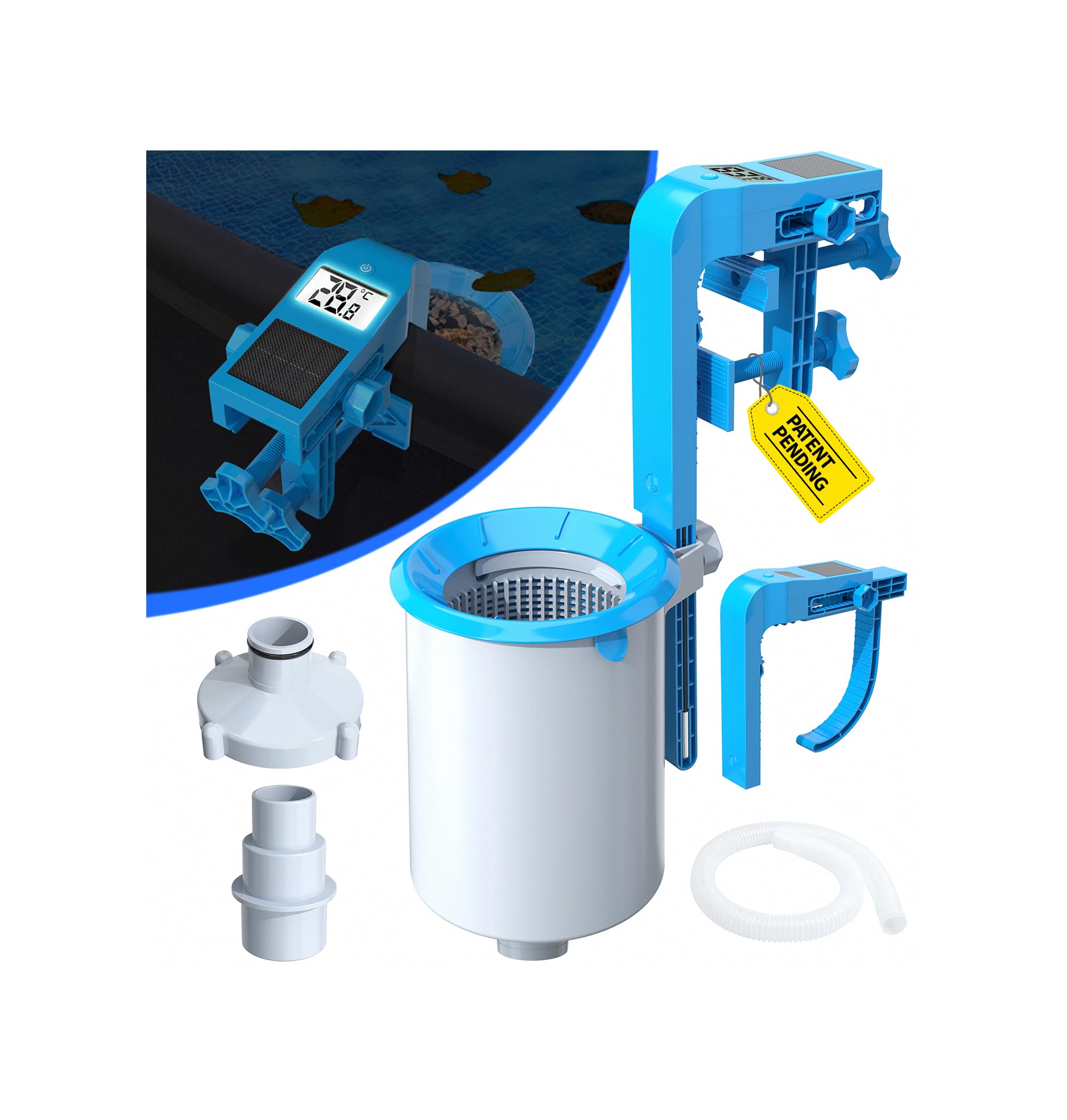 LuxBlue Skimmer Piscine Hors Sol avec Thermometre Piscine Solaire Digital, Skimmer de Surface Mural avec Support Réglable,Ecumoire Piscines Haute Résistance,Ramassage automatique de Feuilles et Débris
