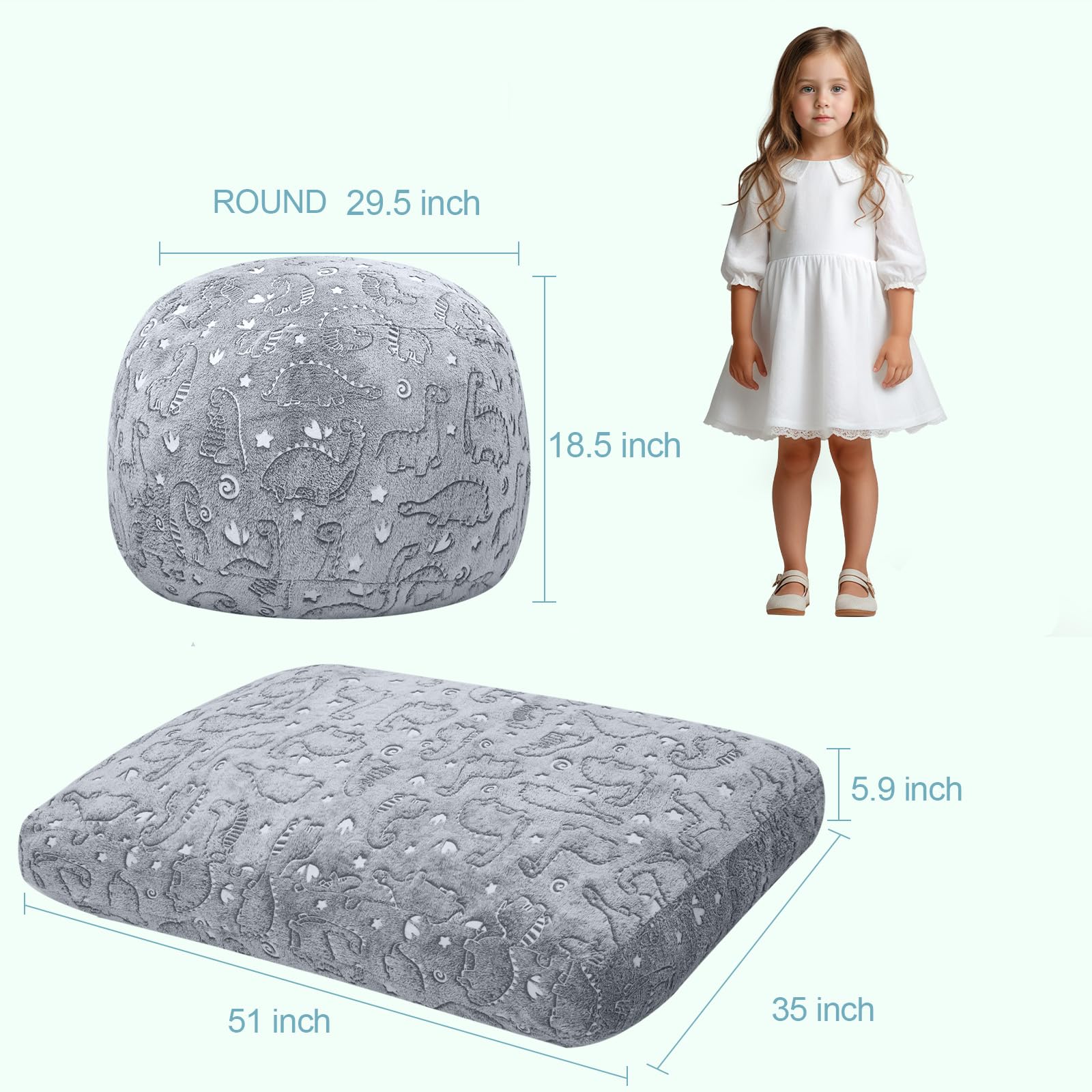 Kids Bean Bag Chair Turn into Beanbag Bed, Dinosaur Toddler Bean Chair for Girl Boy Sleeping, Lazy Children Bean Bags with Filler, Convertible Child Floor Mattress, Grey Dino