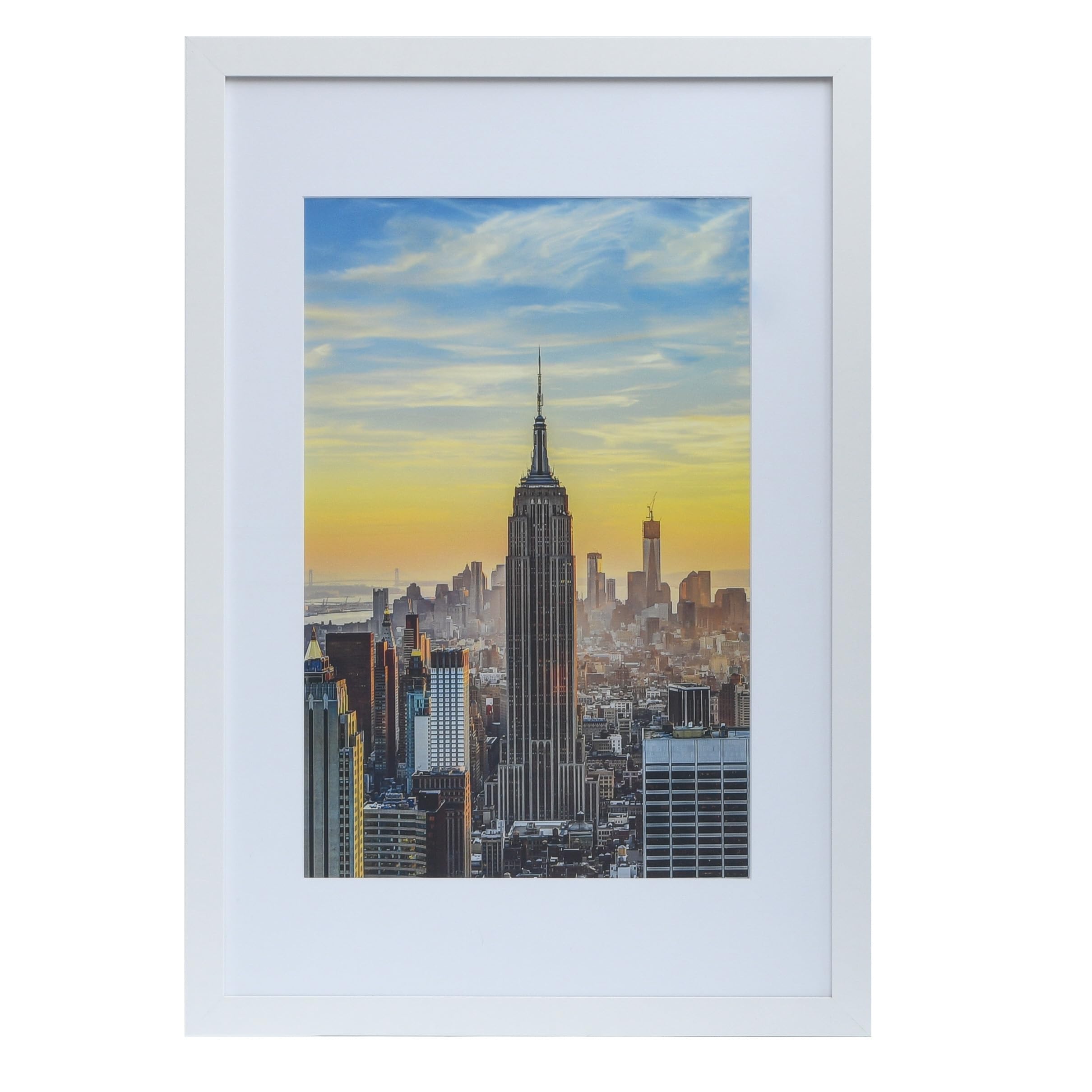Frame Amo 16x24 White Picture Frame with 11.5x17.5 White Mat Opening for 12x18 Image, 1 Inch Border, Acrylic Face