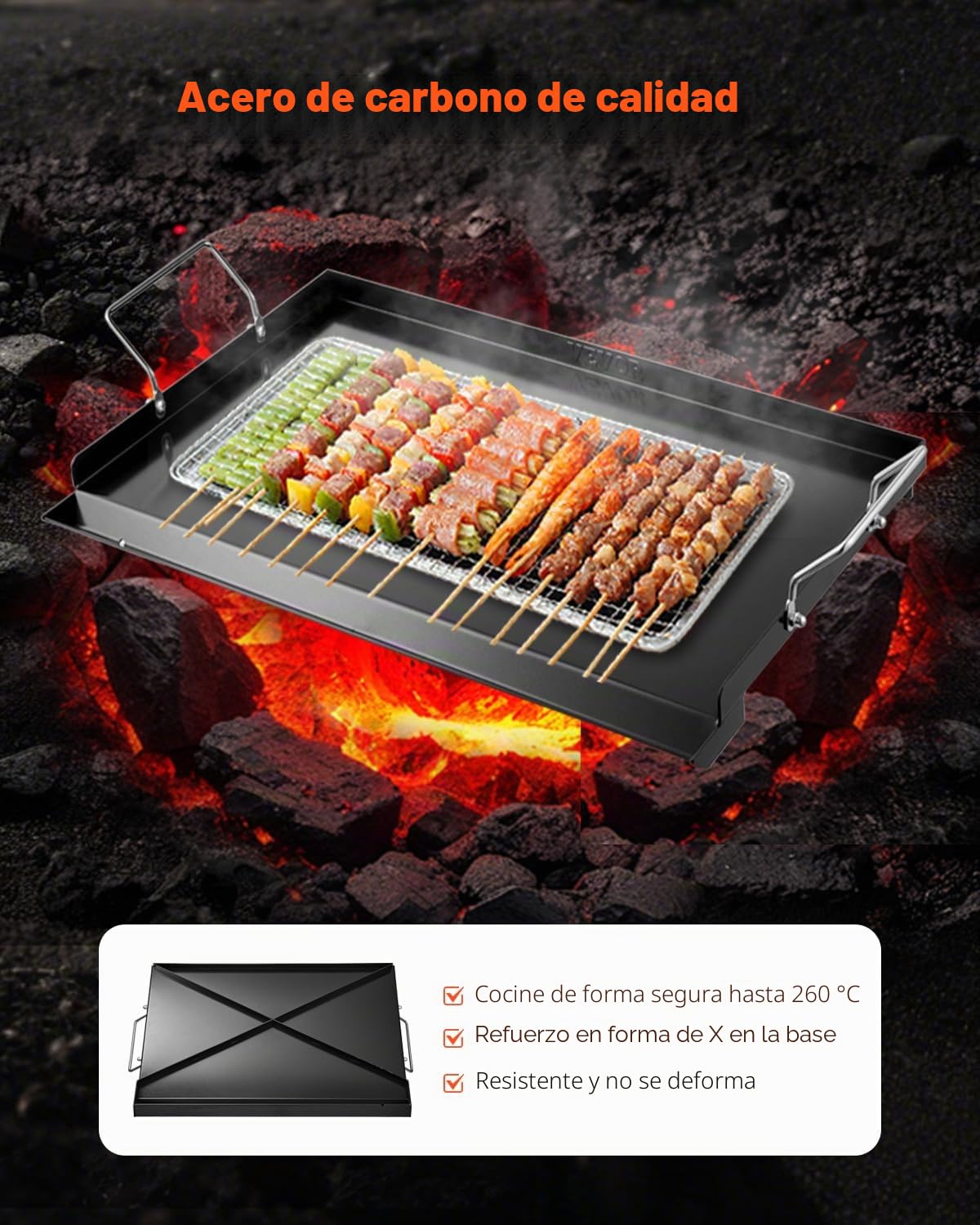 VEVOR Parrilla de Acero al Carbono Robusto Universal Rectangular 606 x 360 mm con Superficie Plana, Plancha de Gas para Barbacoa, Utensilios de Cocina Familiares Portátiles con asa, Gran Superficie