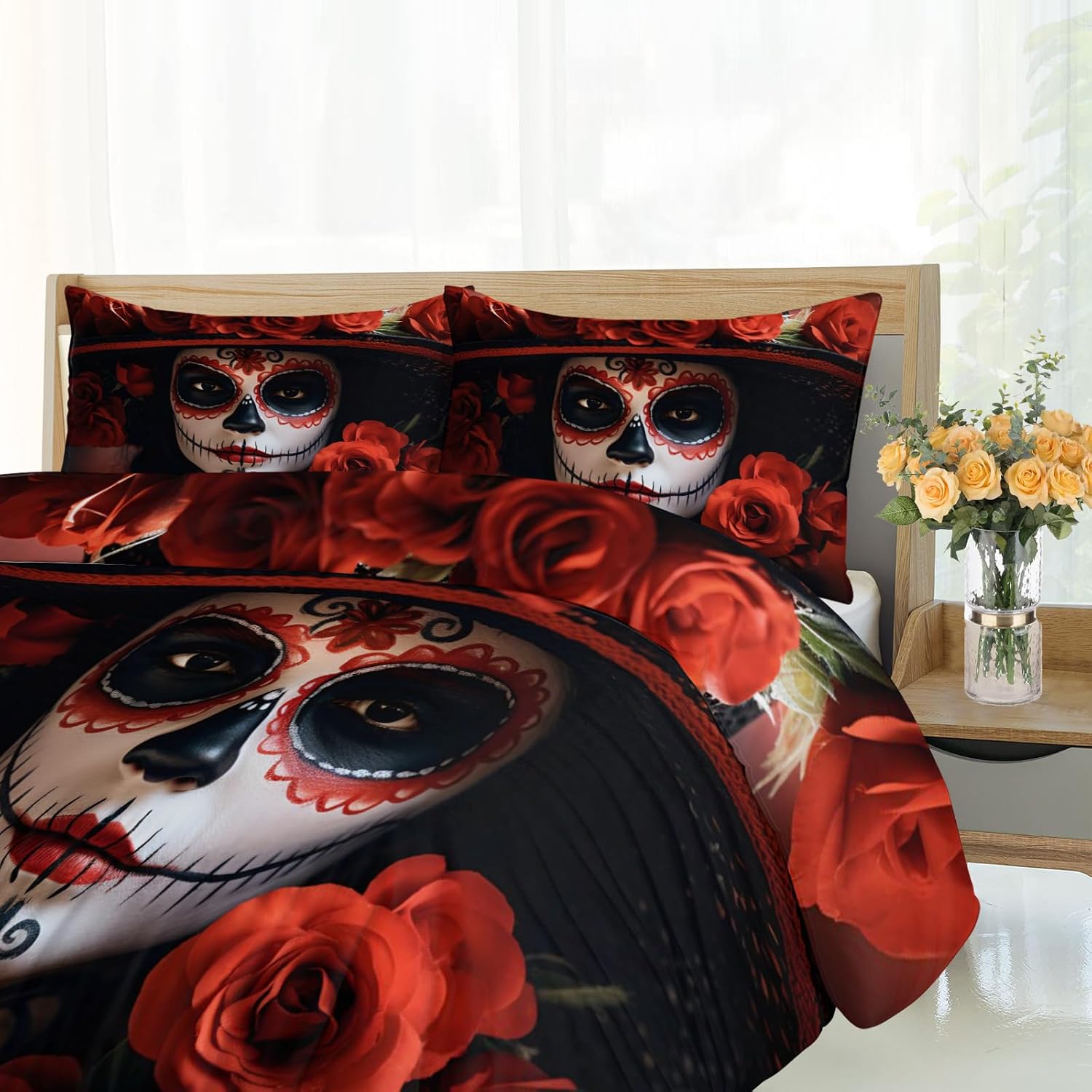 Twin Size Duvet Cover Set, Mystical Día de Muertos Print Duvet Cover, Mexican Calavera Art Comforter Cover, Day of The Dead Bedding, Kids Room Bedding Decor, （Reversible Printing）