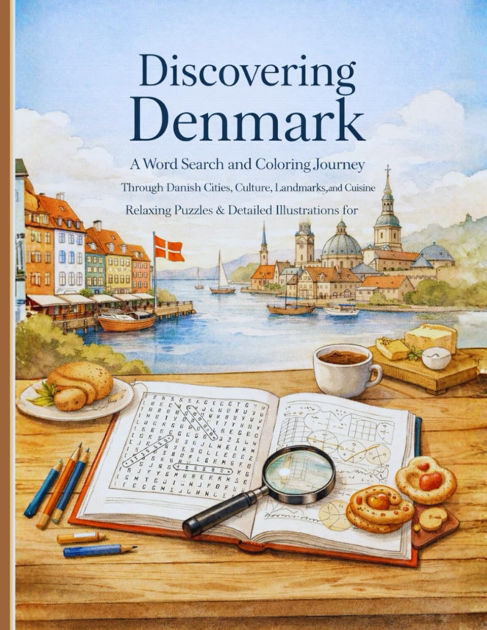 Discovering Denmark: A Word Search and Coloring Journey Through Danish Cities, Culture, Landmarks, and Cuisine | Relaxing Puzzles & Detailed Illustrations for Adults