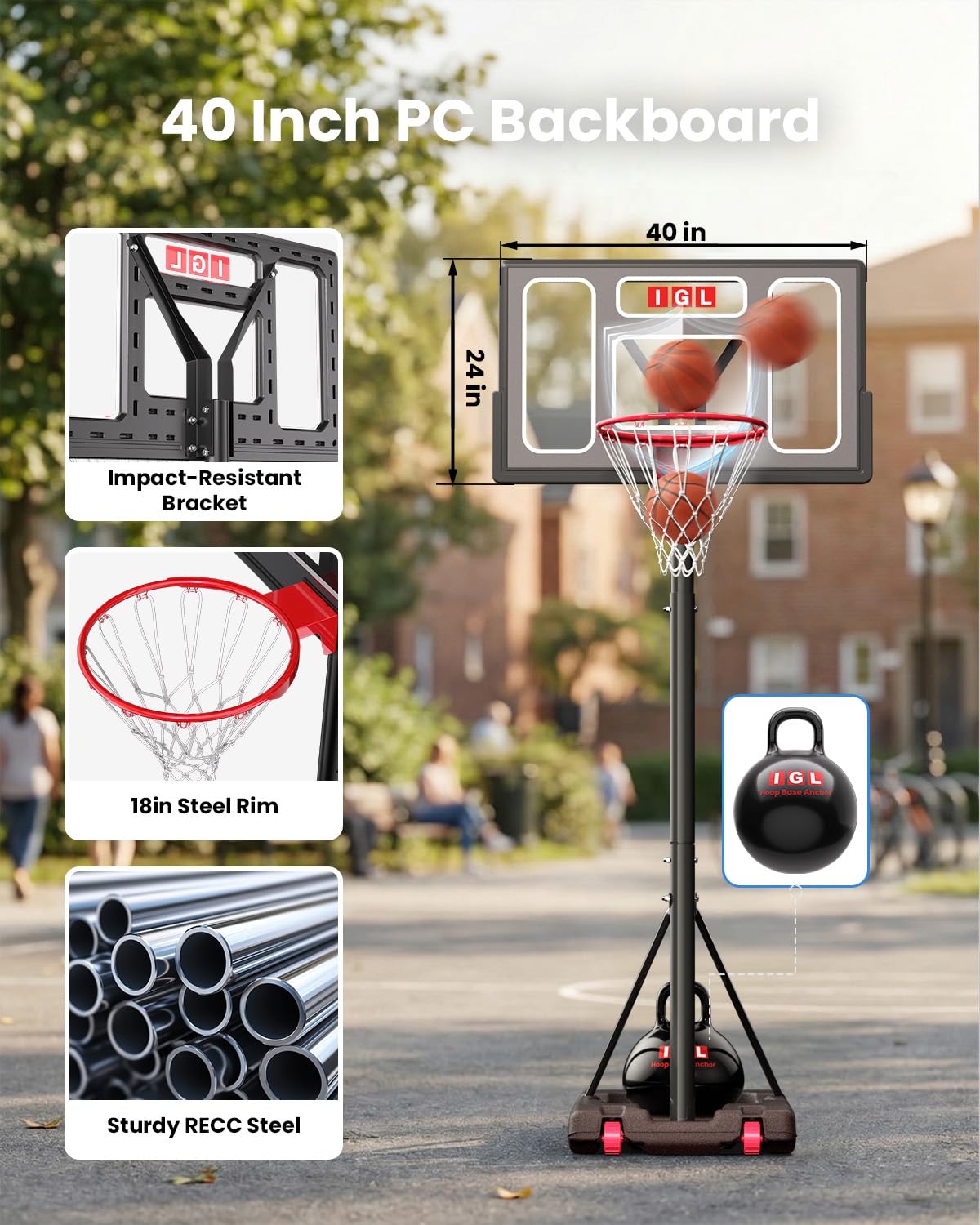 Condition photo showing New/Like New for igl portable basketball hoop, 5.6-10ft adjustable basketball goal system, 40/44 inch outdoor basketball hoop & goals for kids, youth, and adults in the backyard, driveway with pc backboard