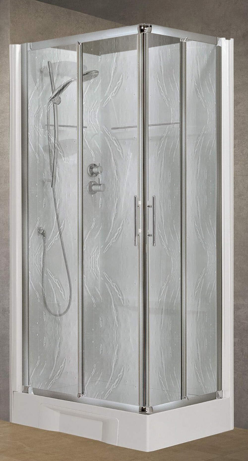 Novellini New Holiday A90 Standard 90 x 90 cm Cabina de ducha multifunción apertura 2 puertas correderas 2 fijas ángulo izquierdo derecho mezclador mecánico cristal Aqua perfil plata estantes altura