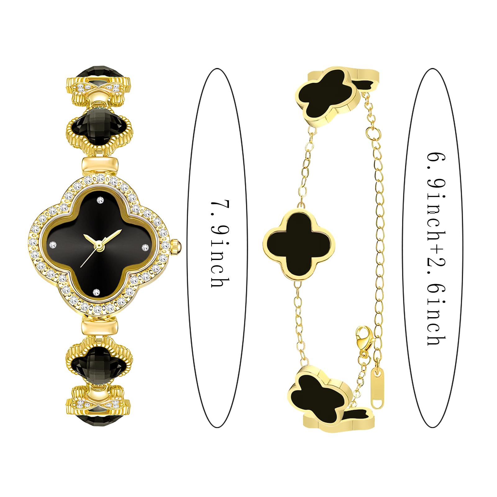 2-teiliges Damen-Armband-Set mit Glücks-Kleeblatt-Armband, Armbanduhr, Schmuck-Set, 18 Karat vergoldet, Armbanduhr mit Blumendesign, vierblättrige Armbänder für Damen