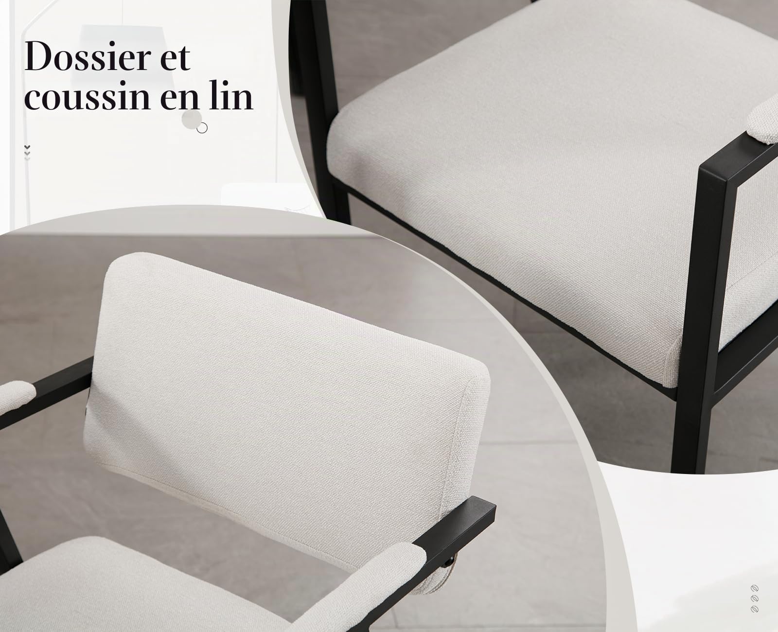 chairus 2PCS Chaise Salle à Manger, Chaise de Cuisine, Lin Beige | Structure Métallique Noir, Accoudoir Rembourré, Coussin Rembourré, pour Restaurant, Salon, Chambre, Bureau