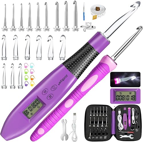 Juego de ganchos de ganchillo de conteo digital, ganchos de ganchillo ergonómicos con luz LED y contador de puntadas digital, kit de tejido para