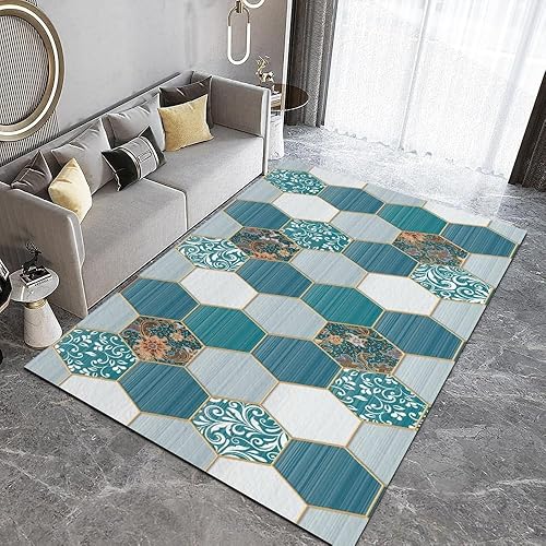 70S Retro Floral Area Rug for Bedroom,Hexagon Cyan Non Slip Machine Wash Area Rug, Affordable Carpet for Living Room, Nursery, Children's Room,